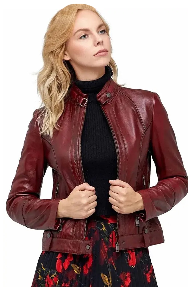 Dahlia Women's 100 % Real Maroon Leather Waxed Jacket