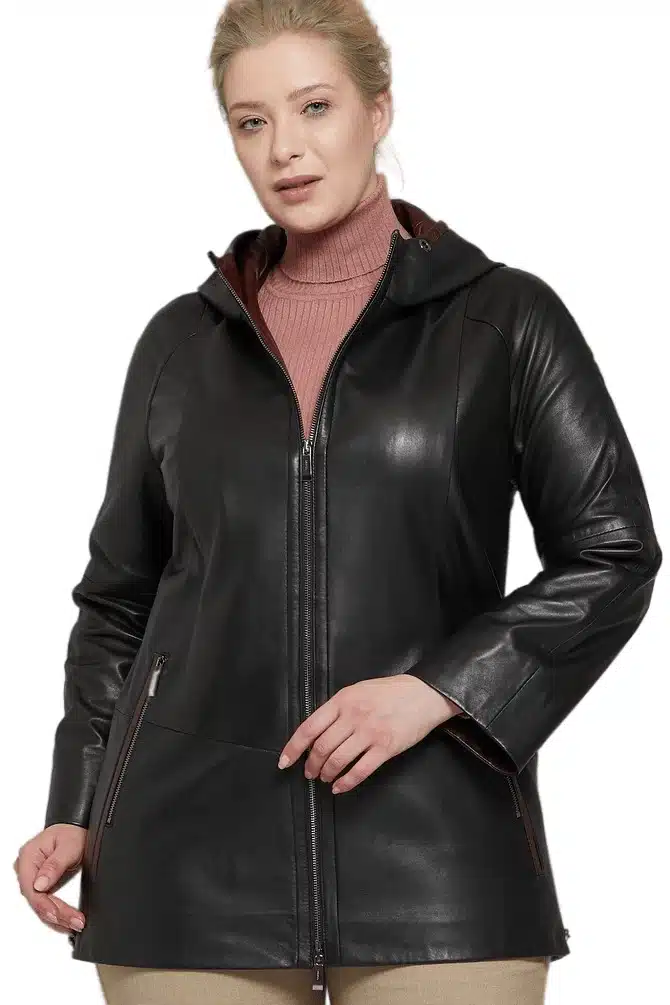 Sophia Women's 100 % Real Black Leather Hooded Plus Size Jacket