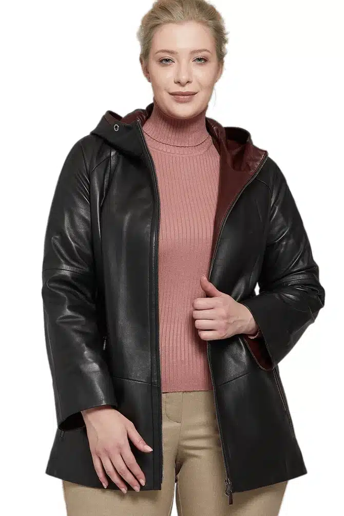 Sophia Women's 100 % Real Black Leather Hooded Plus Size Jacket