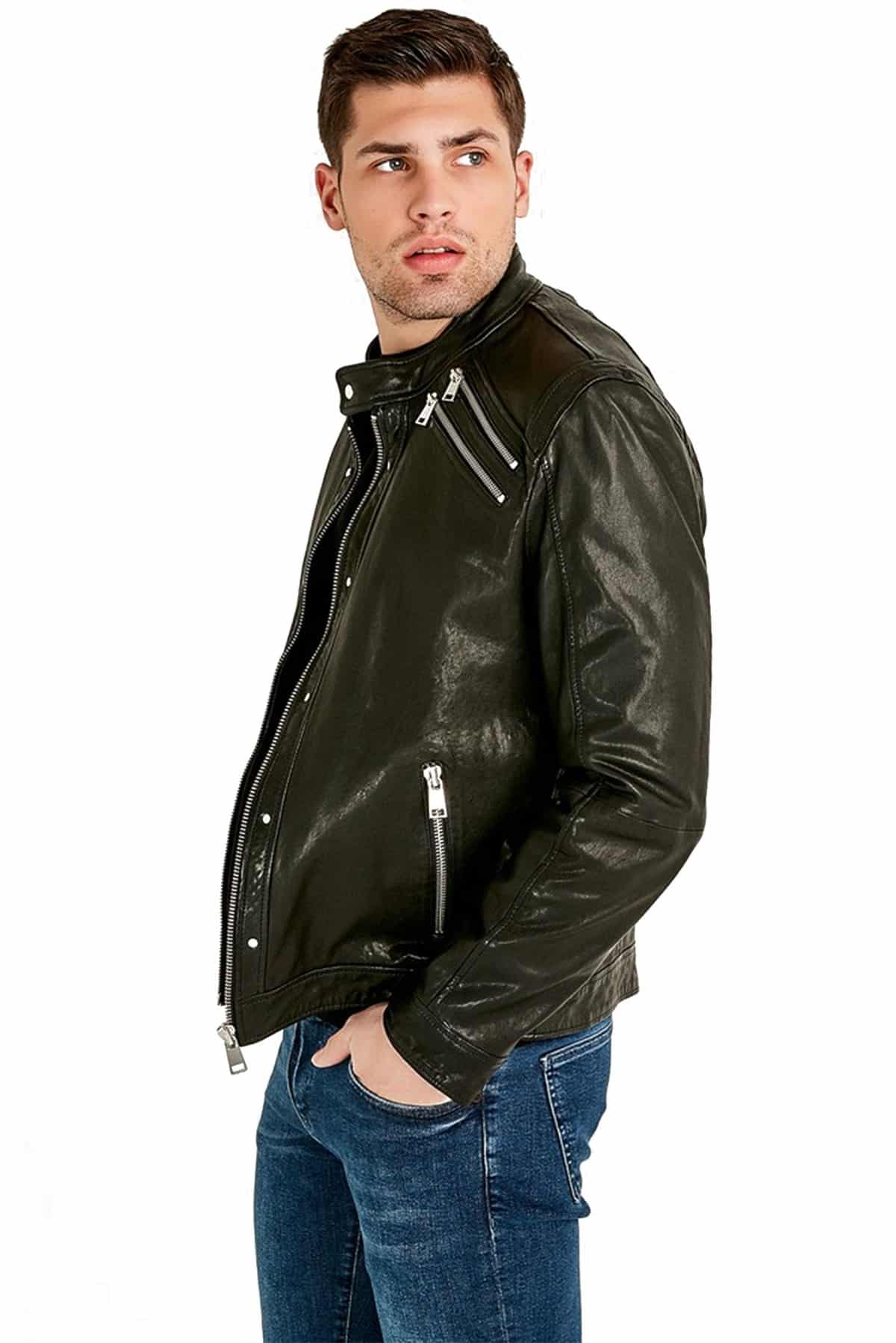 Grant Men's 100 % Real Olive Leather Biker Galore Jacket