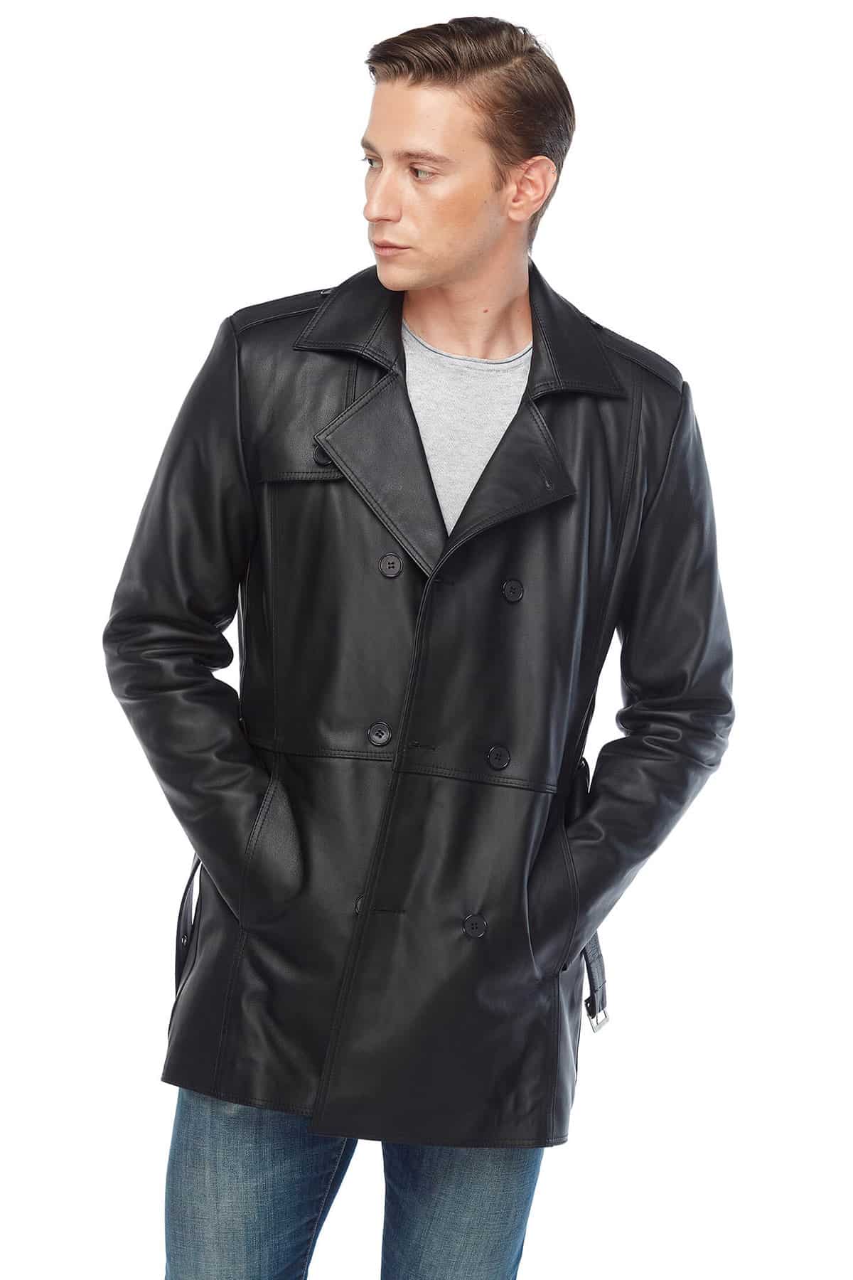 Antonio Banderas Men's 100 % Real Black Leather Trench Coat