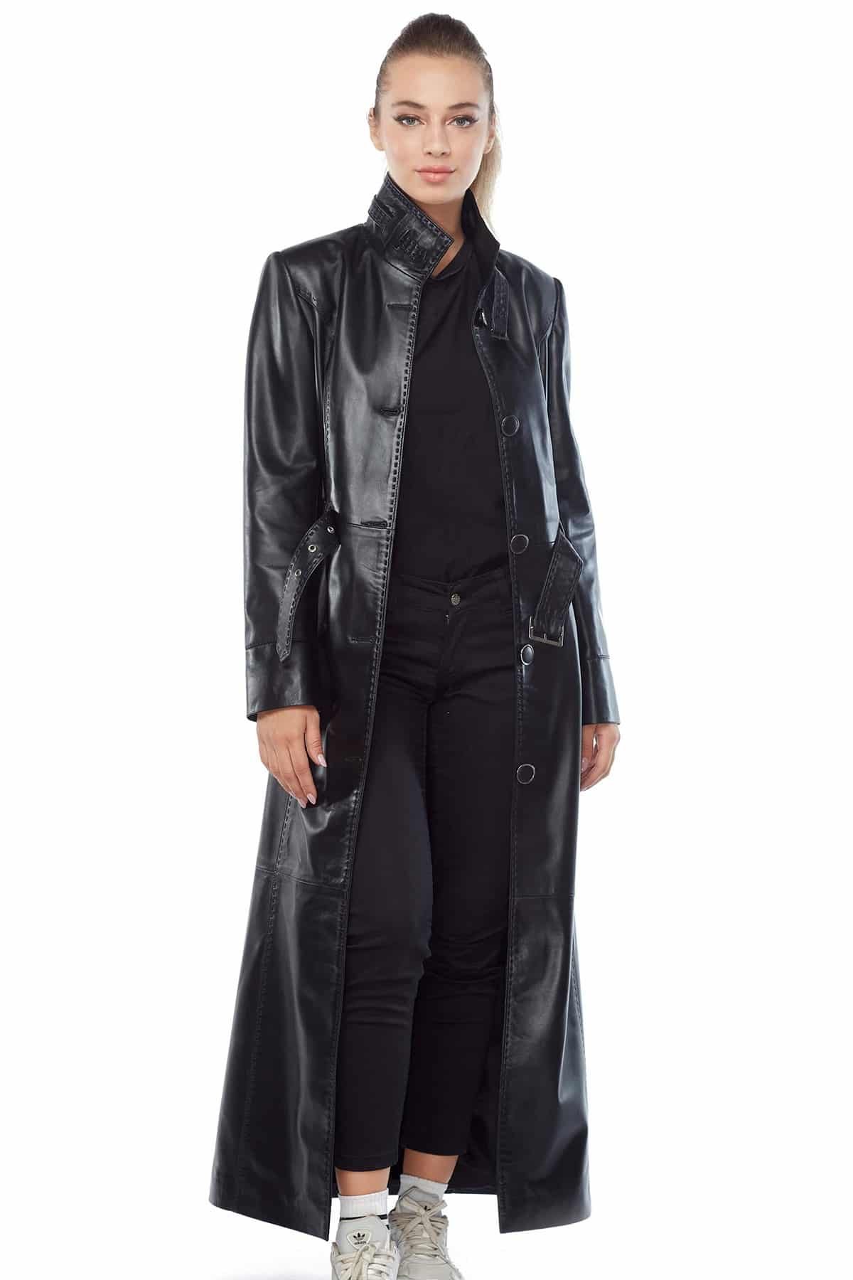 Women's 100 % Real Black Leather Trench Coat