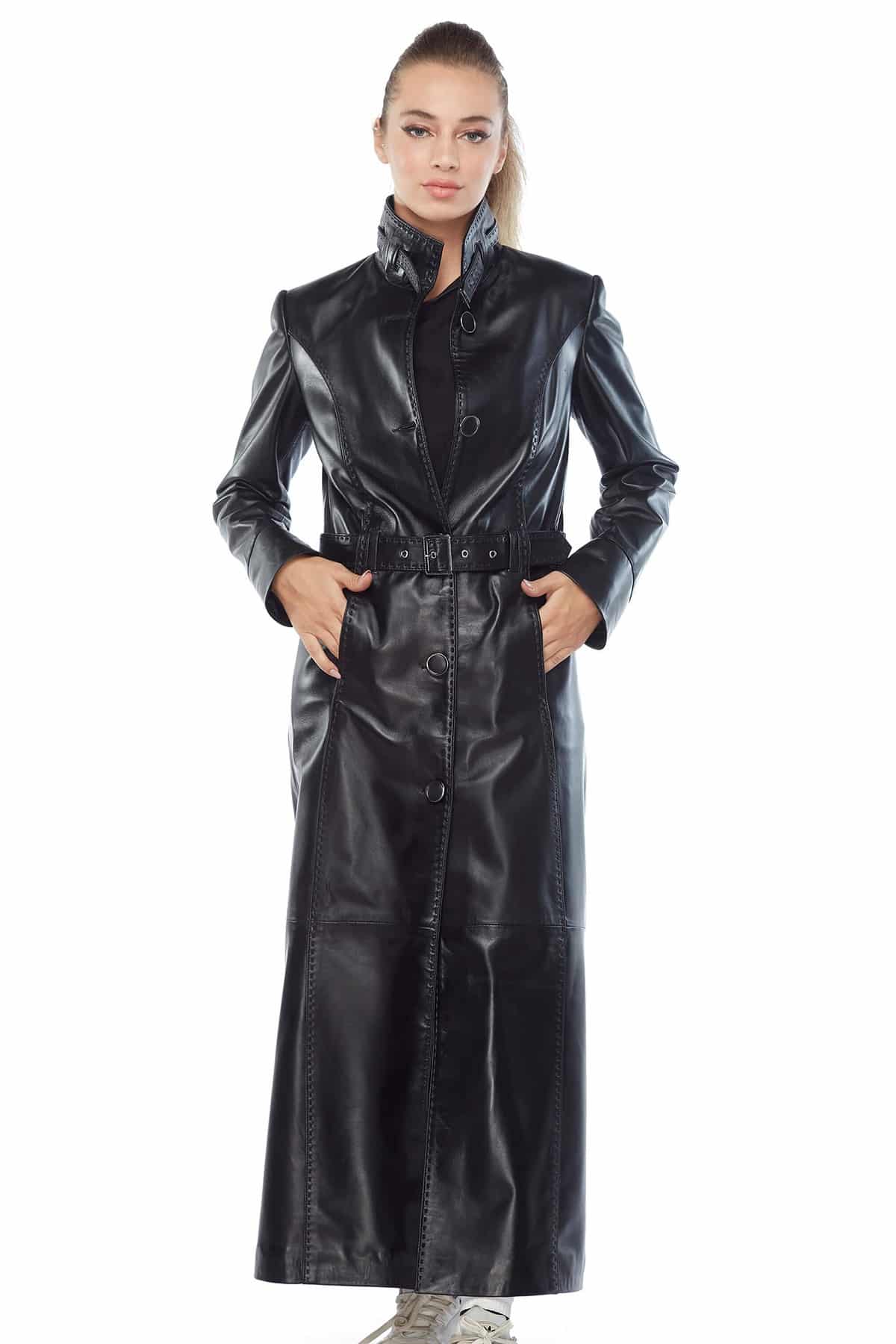 Women's 100 % Real Black Leather Trench Coat