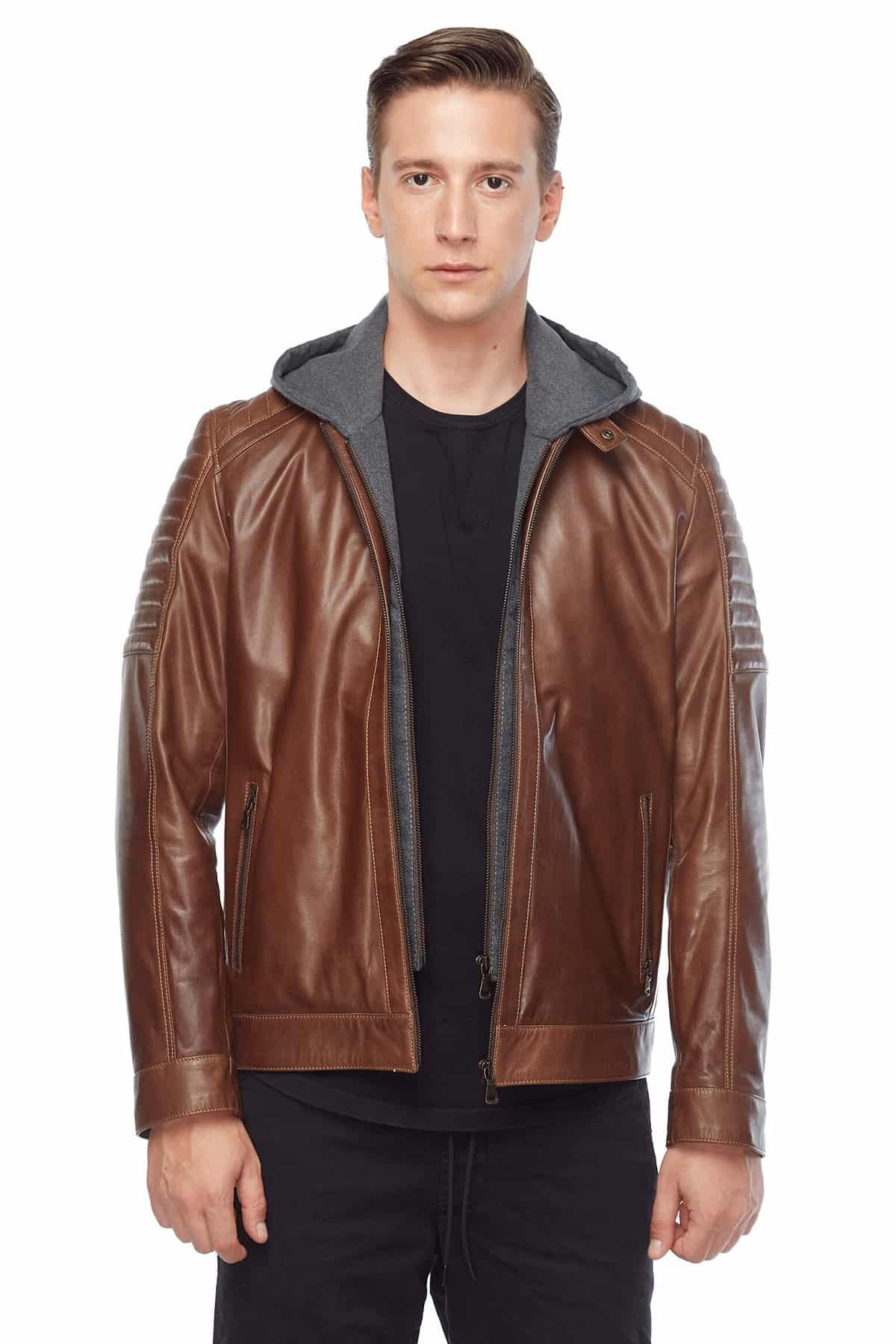 Cameron Men's 100 % Real Brown Leather Hooded Jacket