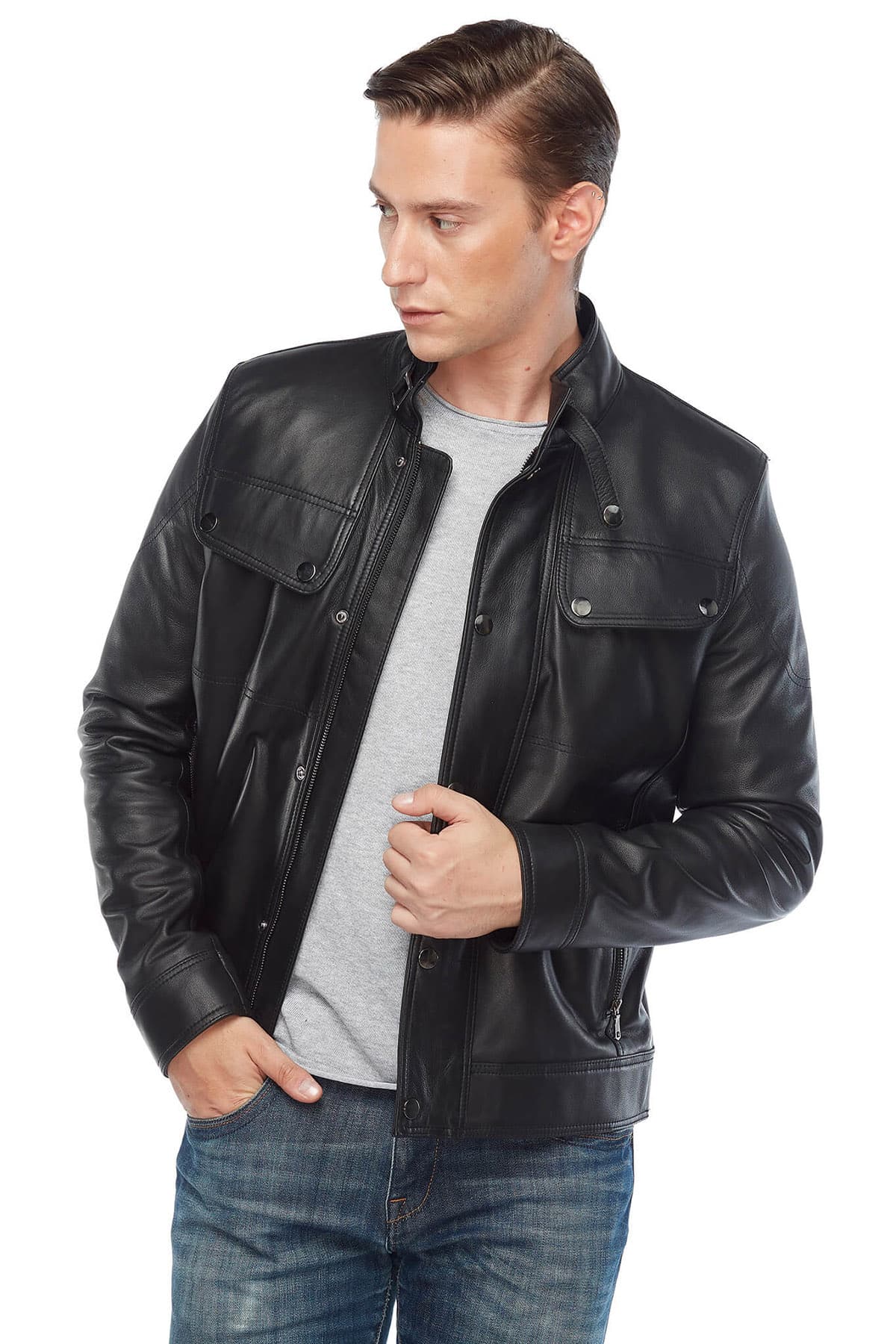 David Beckham Genuine Leather Coat Black Pose