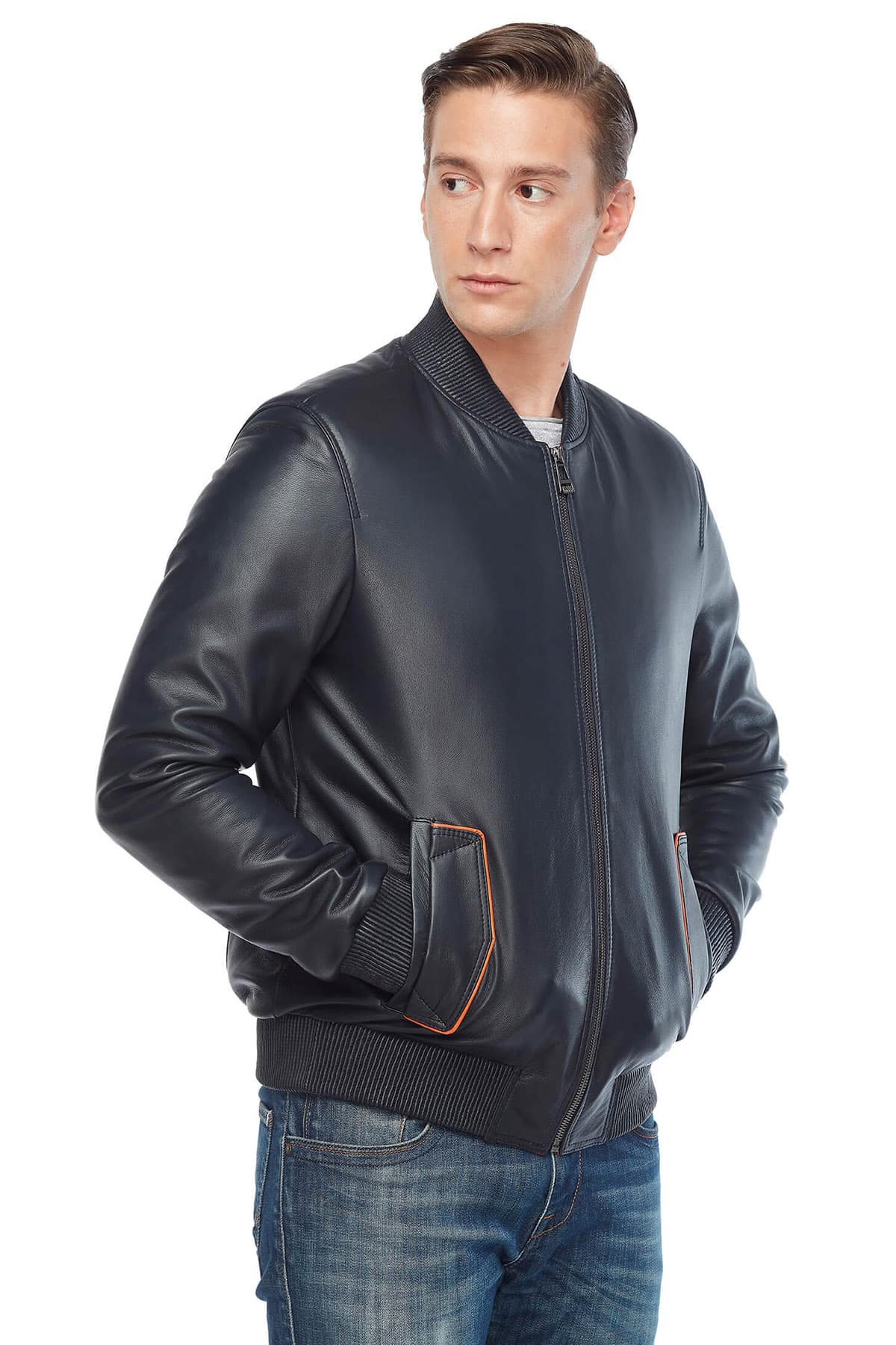 Douglas Booth Men's 100 % Real Navy-Blue Leather Bomber Jacket