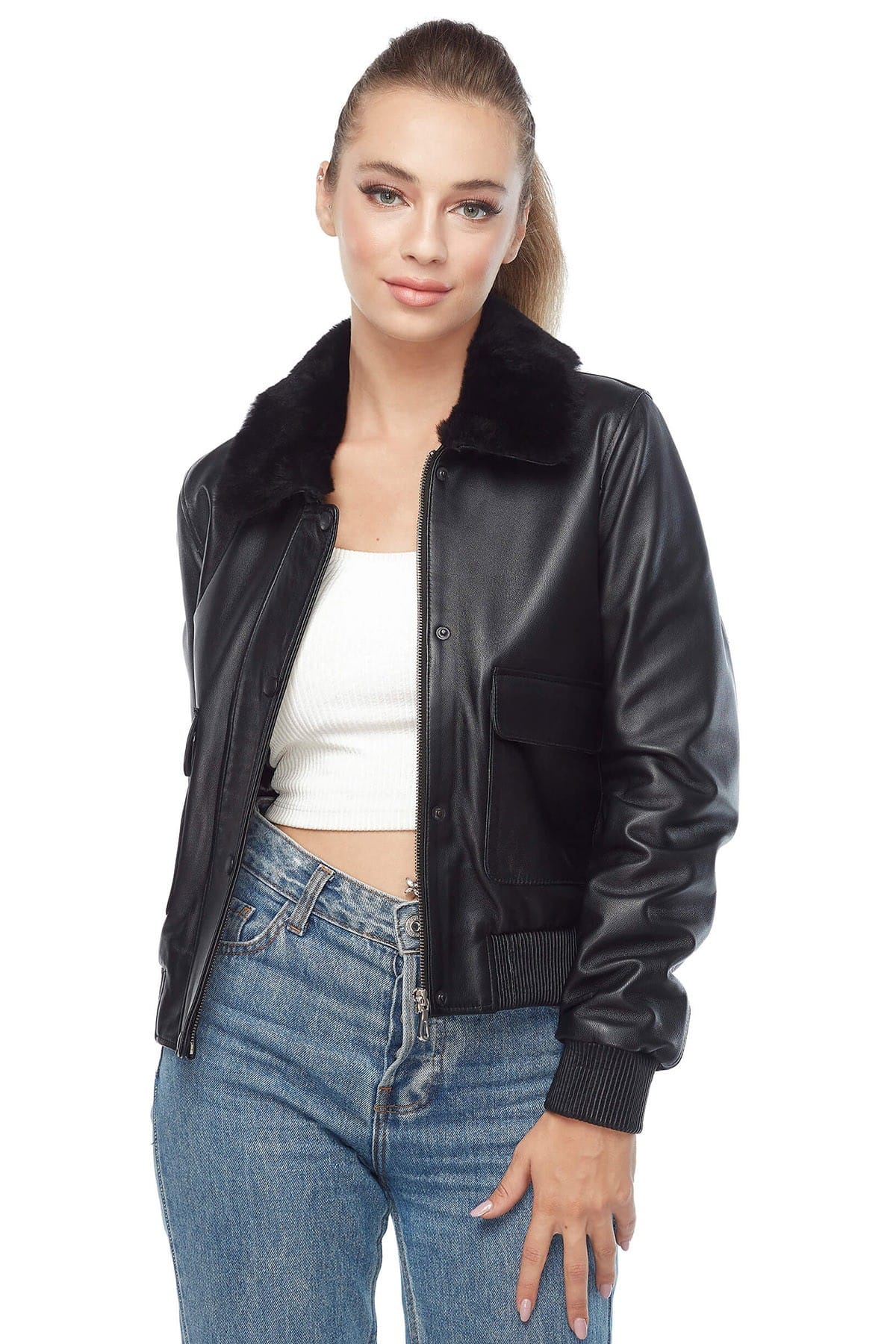 Emma Women's 100 % Real Black Leather Bomber Jacket