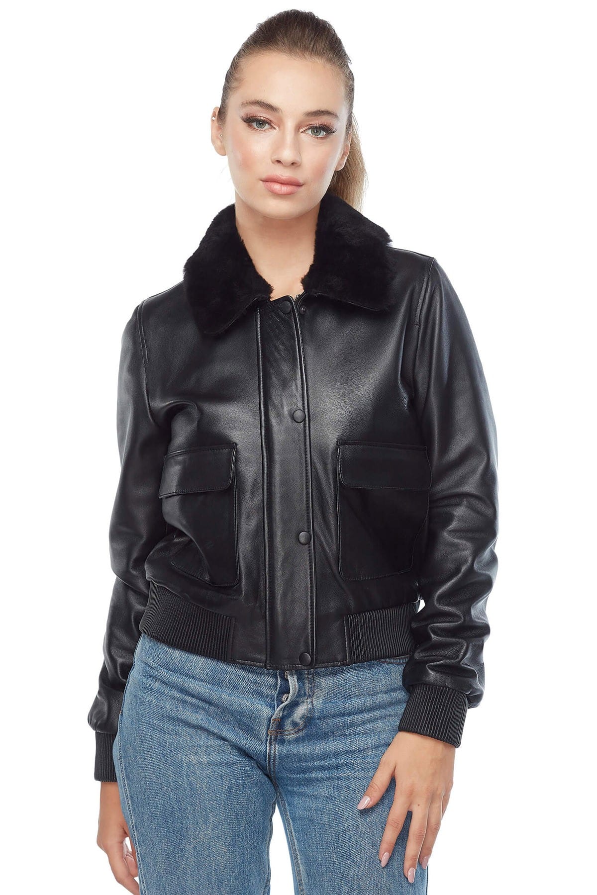Emma Women's 100 % Real Black Leather Bomber Jacket