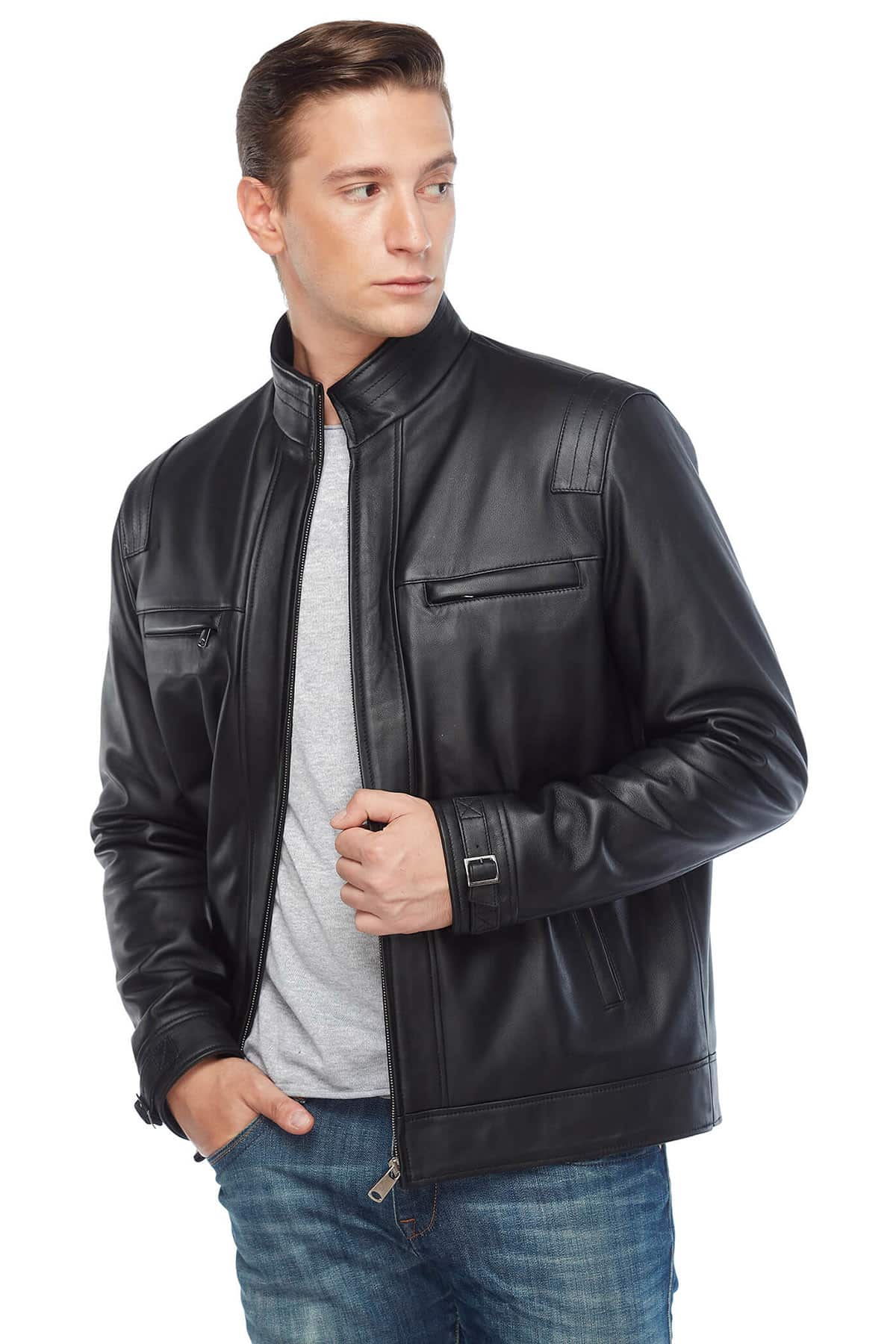 Jesse Wood Men's 100 % Real Black Leather Jacket