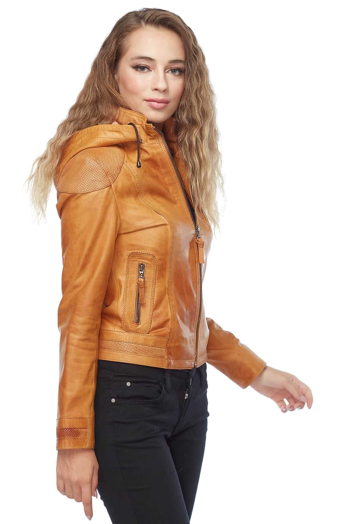 Jessie Women's 100 % Real Brown Leather Hooded Jacket