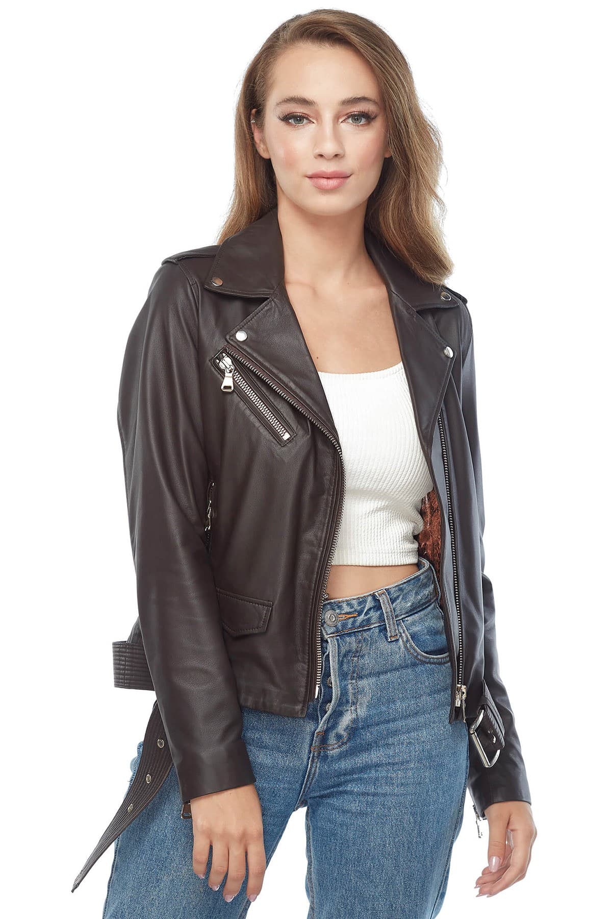 Katharine Women's 100 % Real Brown Leather Biker Jacket