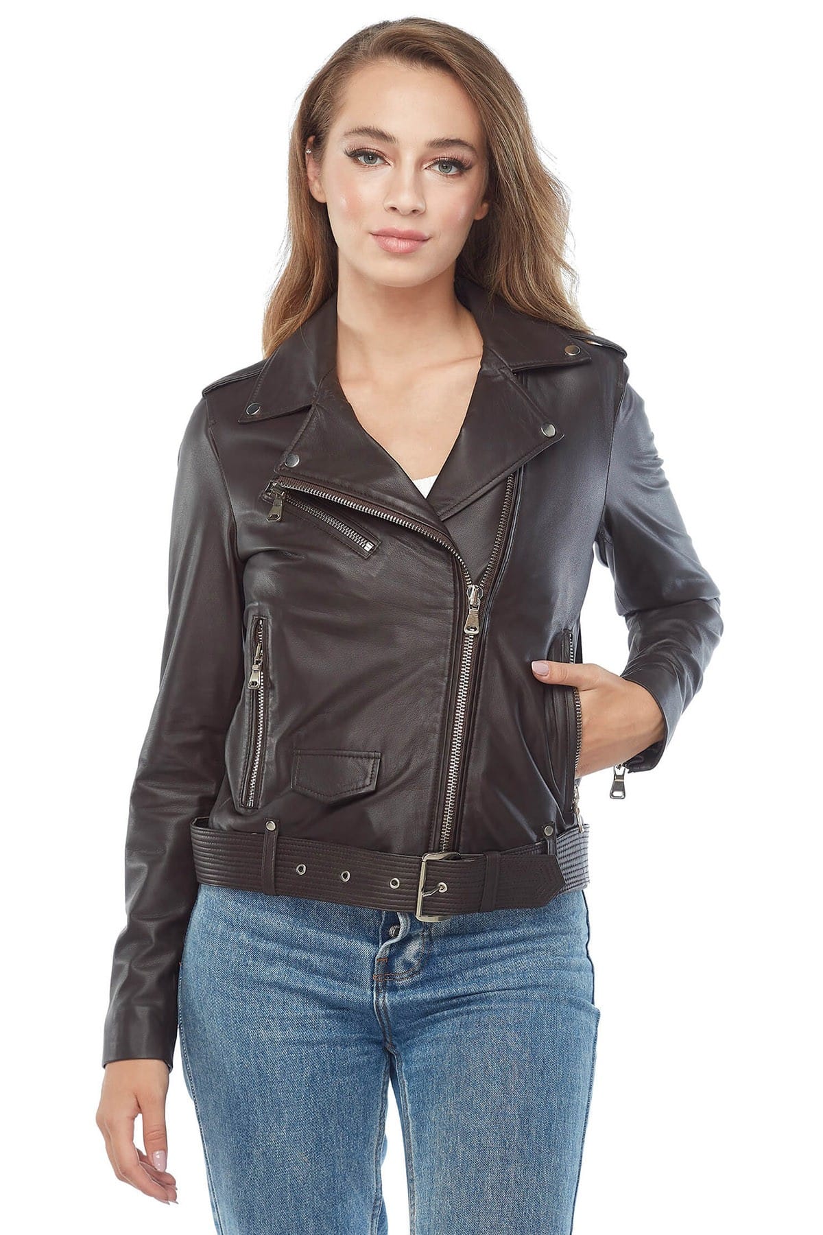 Katharine Women's 100 % Real Brown Leather Biker Jacket
