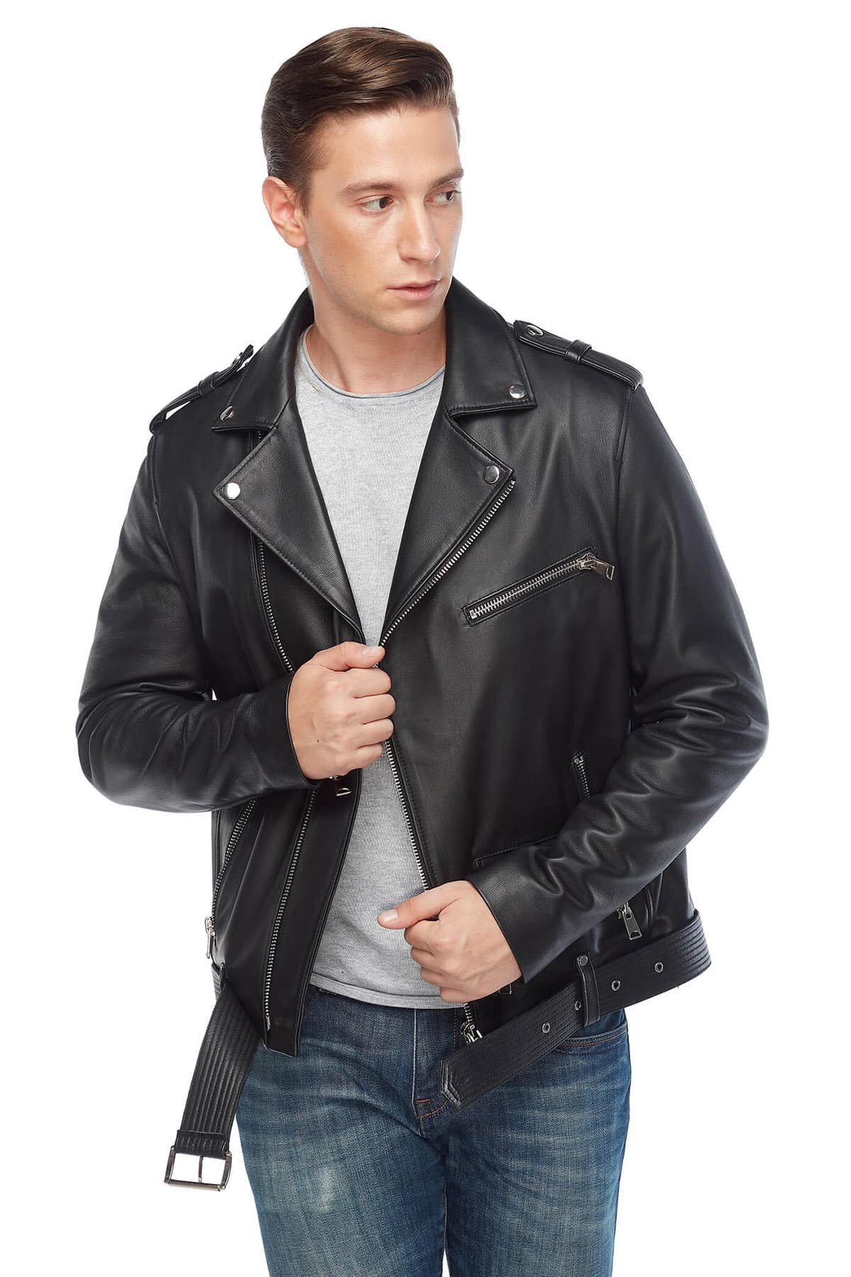 Men's black leather biker jacket