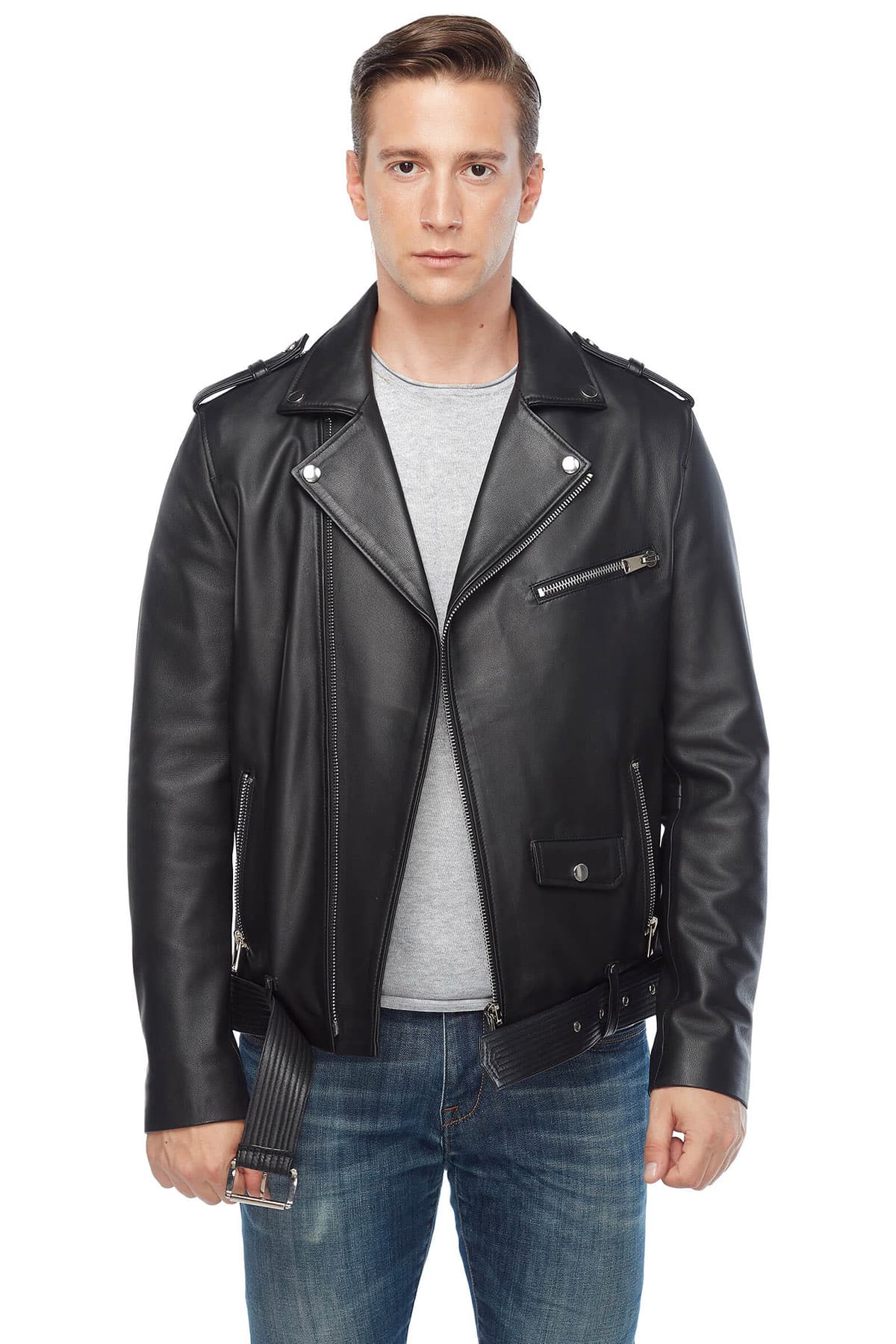 Urban Fashion Studio Lewis Tan Genuine Leather Biker Jacket Black