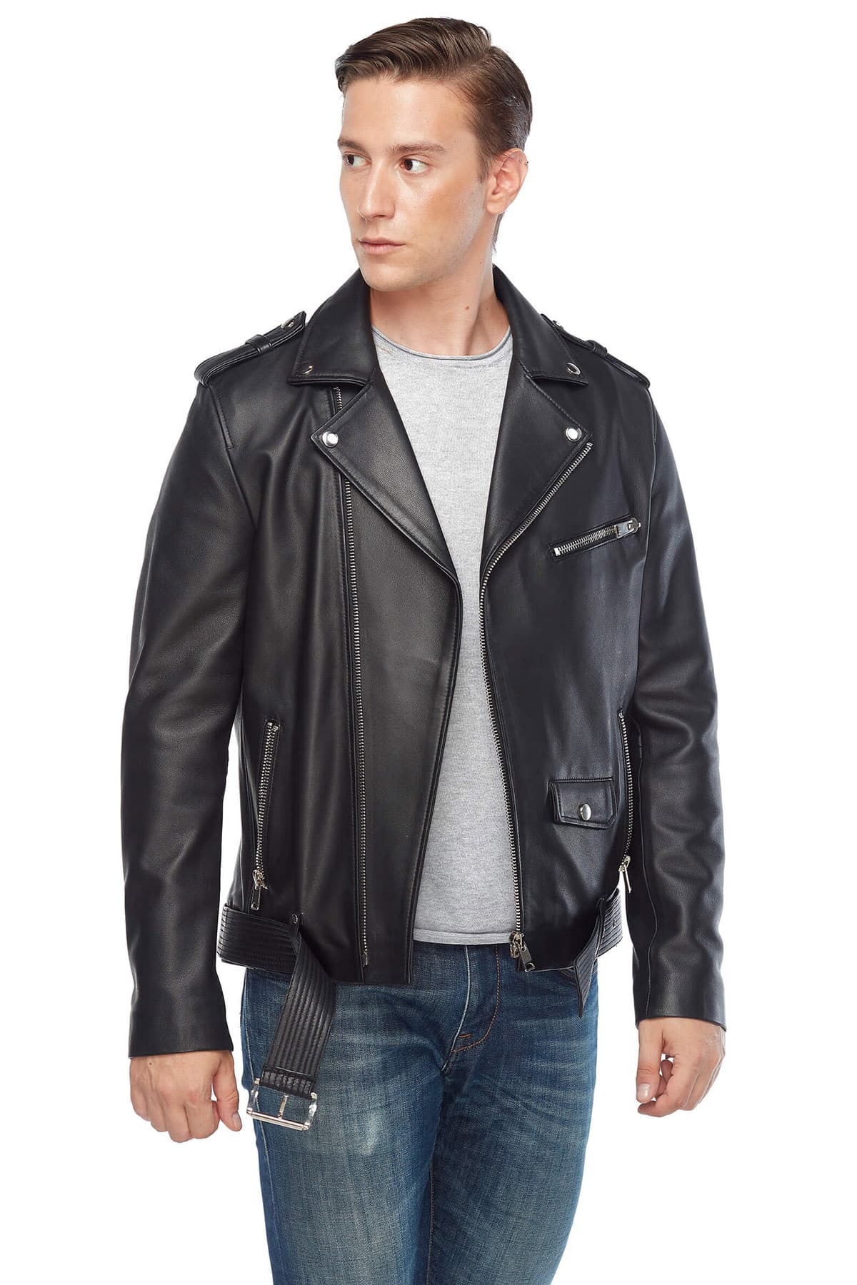 Lewis Tan Genuine Leather Biker Jacket Black