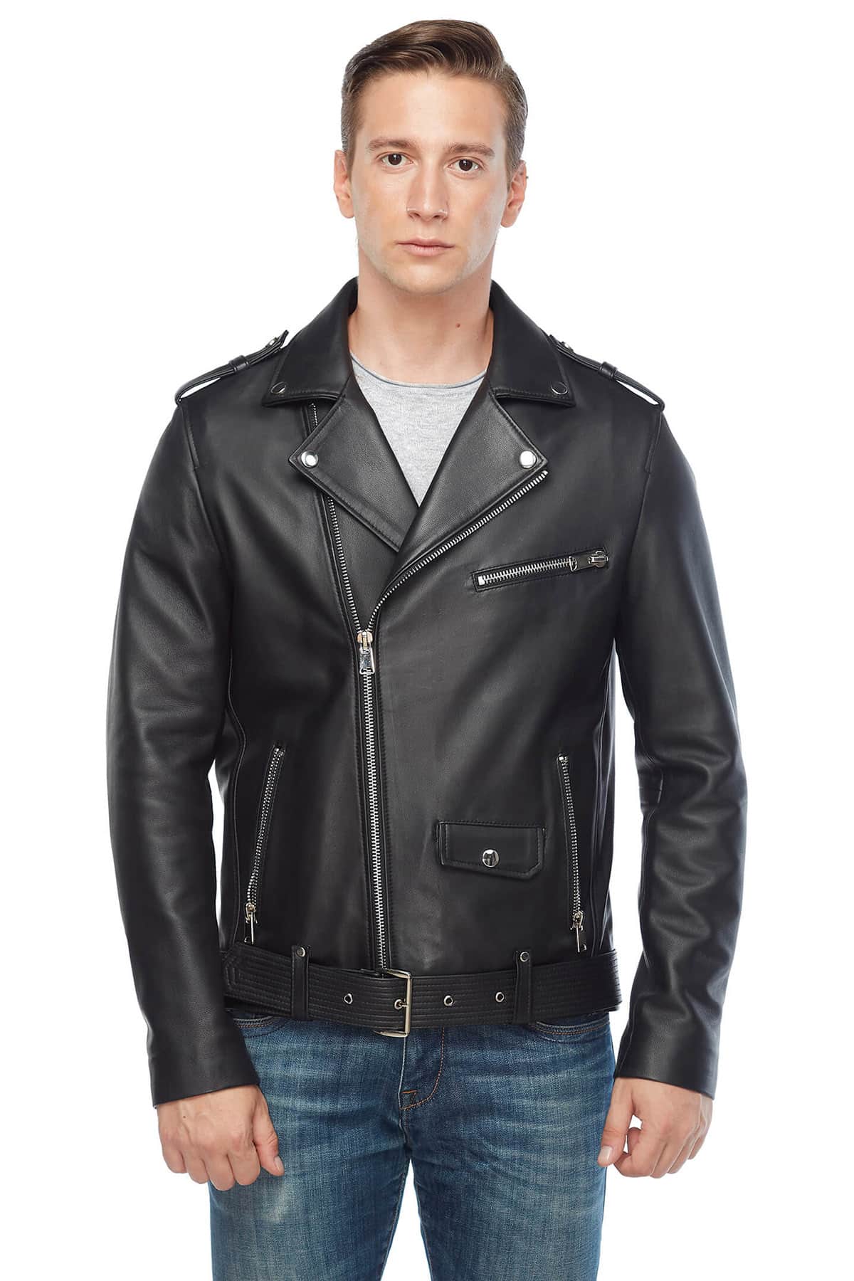 Lewis tan Men's 100 % Real Black Leather Biker Jacket
