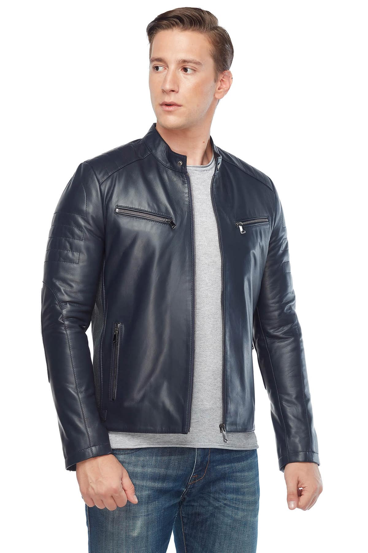 Michail Men's 100 % Real Navy-Blue Leather Sport Jacket