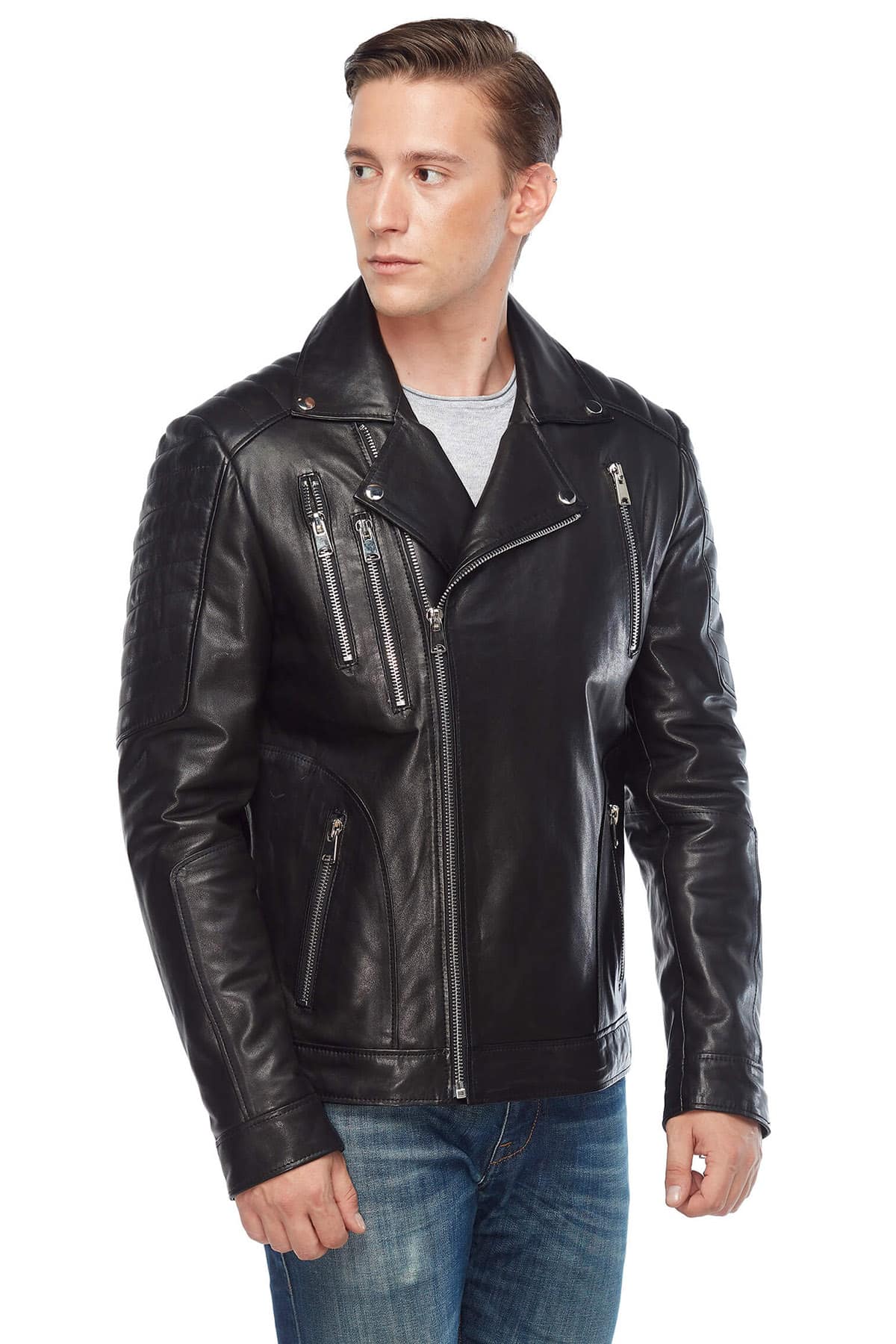 Oris Men's 100 % Real Black Leather Motorcycle Jacket