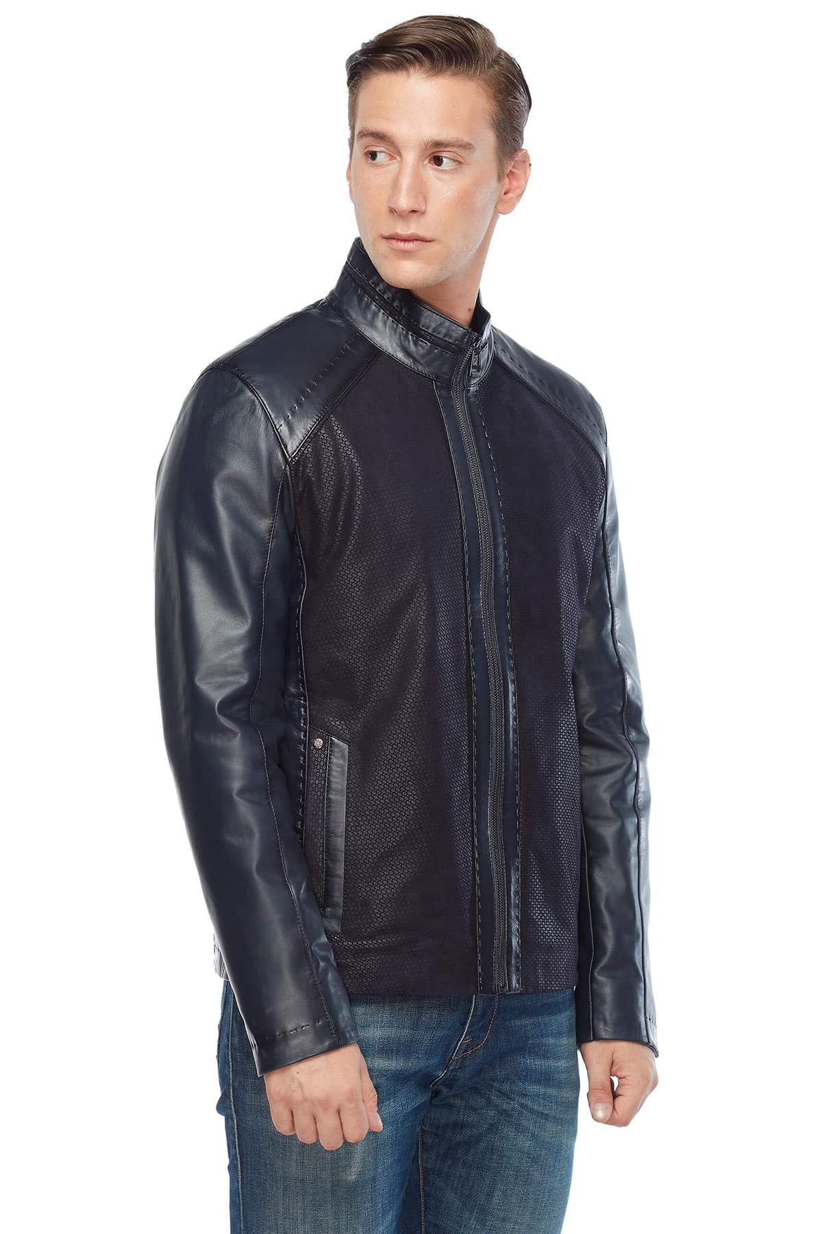 Robin Men's 100 % Real Navy-Blue Leather Suede Jacket