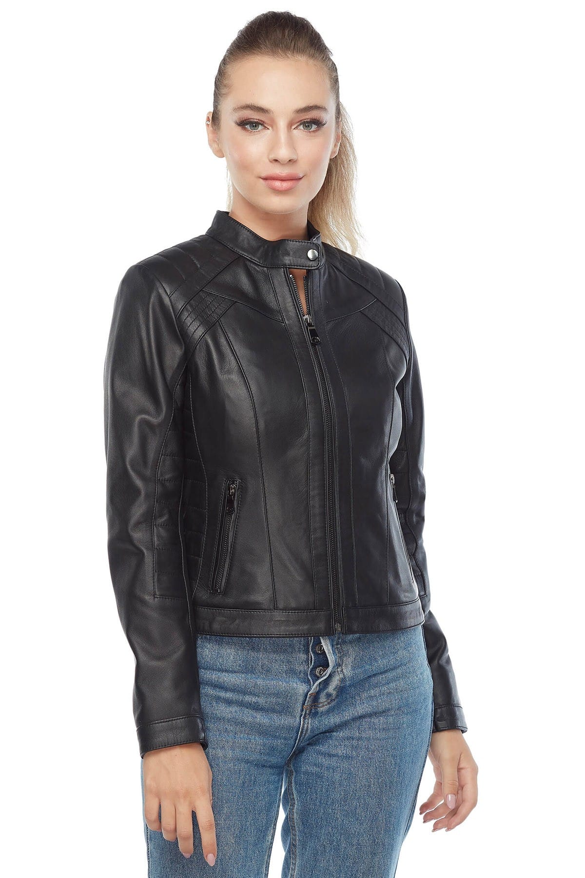 Rosa Women's 100 % Real Black Leather Jacket