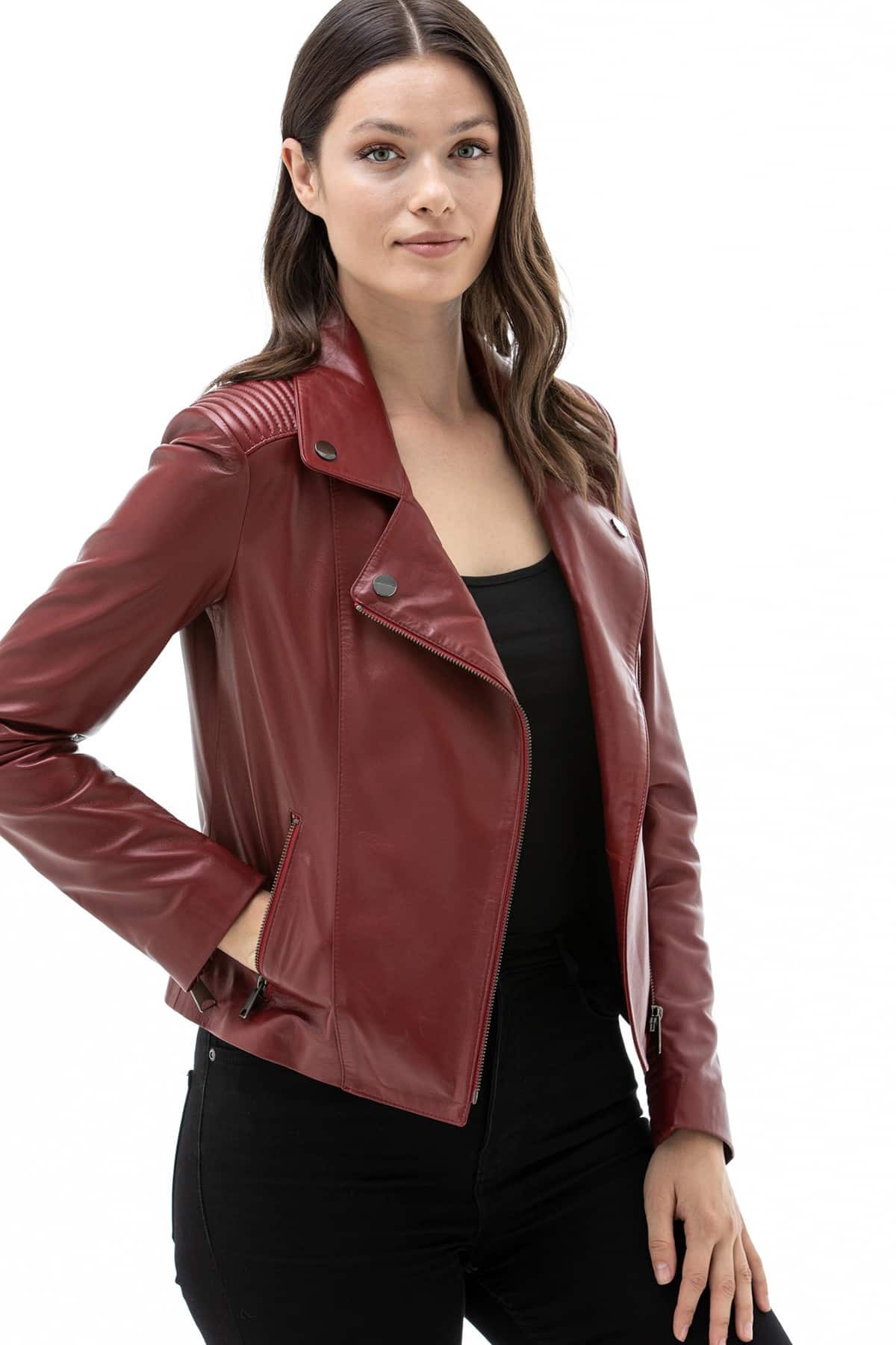 Women S 100 Real Dark Red Leather Biker Jacket