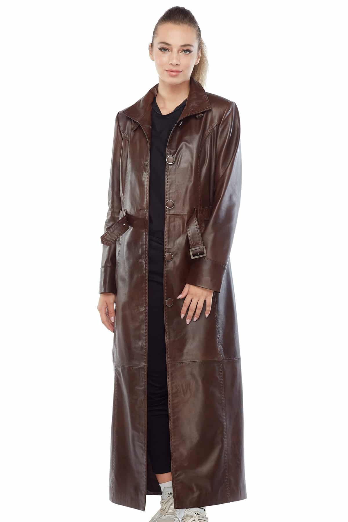Skyler Brown Real Leather Long Trench Coat | lupon.gov.ph