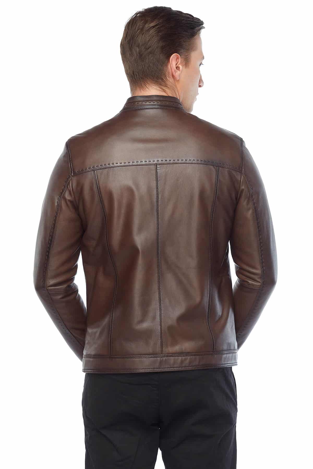 Men's 100 % Real Brown Leather Sport Stitched Jacket