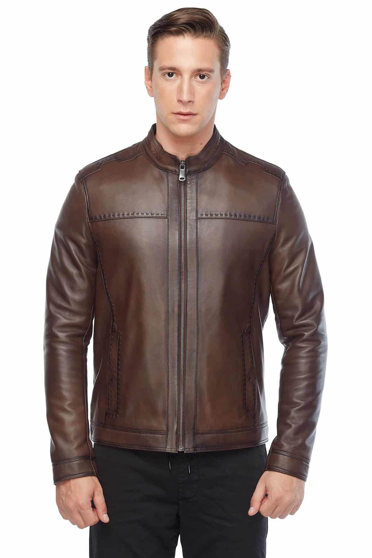 Men's 100 % Real Brown Leather Sport Stitched Jacket