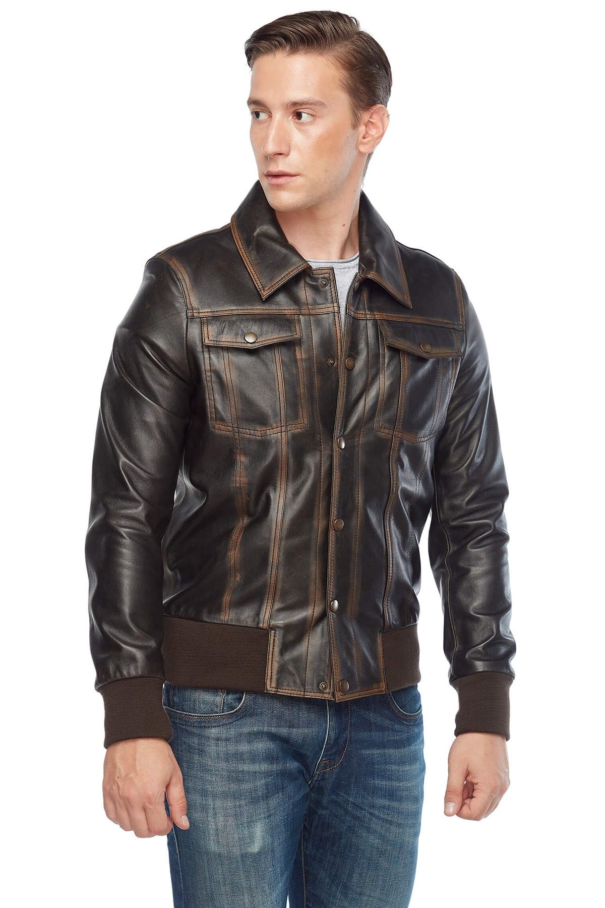 Will Chalker Men's 100 % Real Brown Leather Bomber Real Distressed Jacket