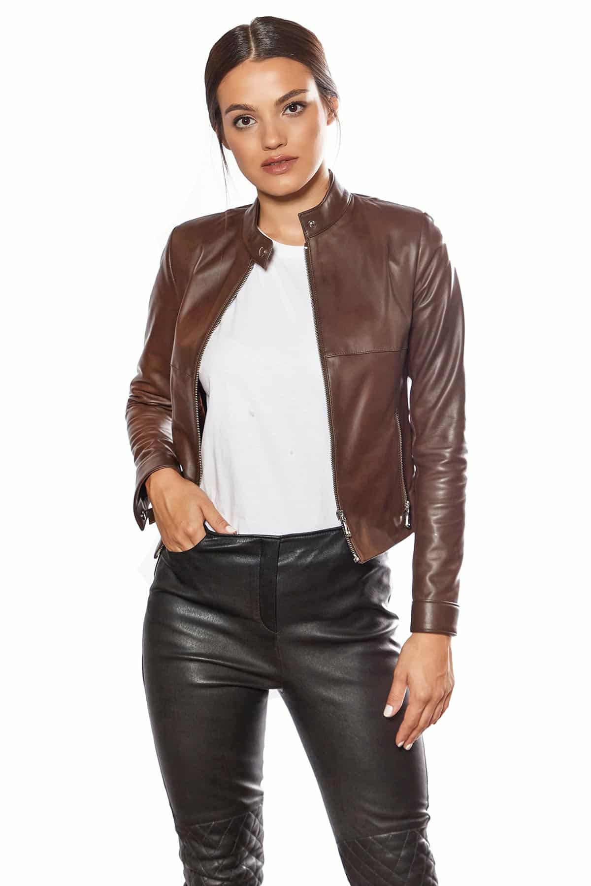 Flora Women's 100 % Real Brown Leather Jacket