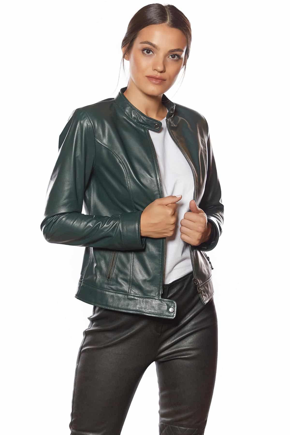 Womens Green Moto Leather Jacket - Genuine Leather Jacket