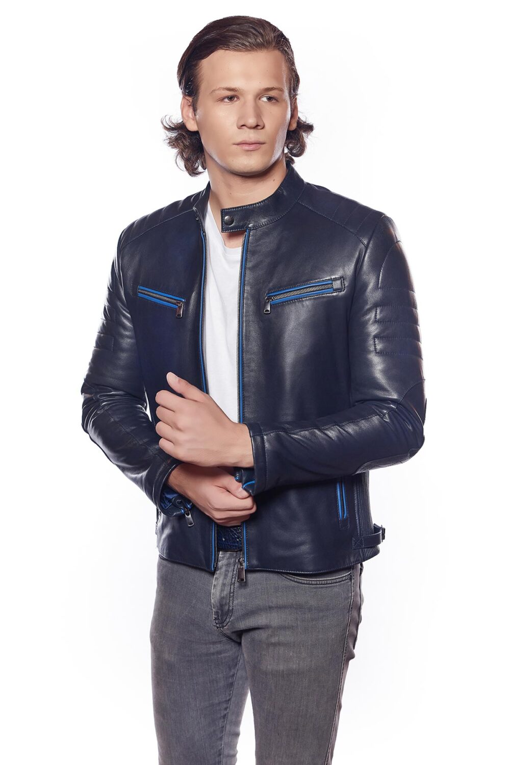 blue grey leather jacket