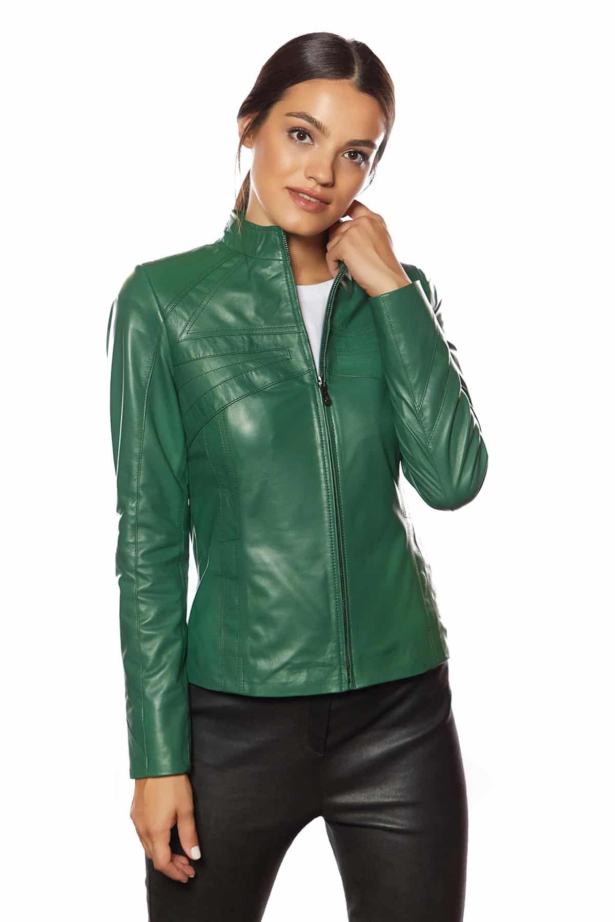 Women's Green Leather Biker Jacket - AU LeatherX