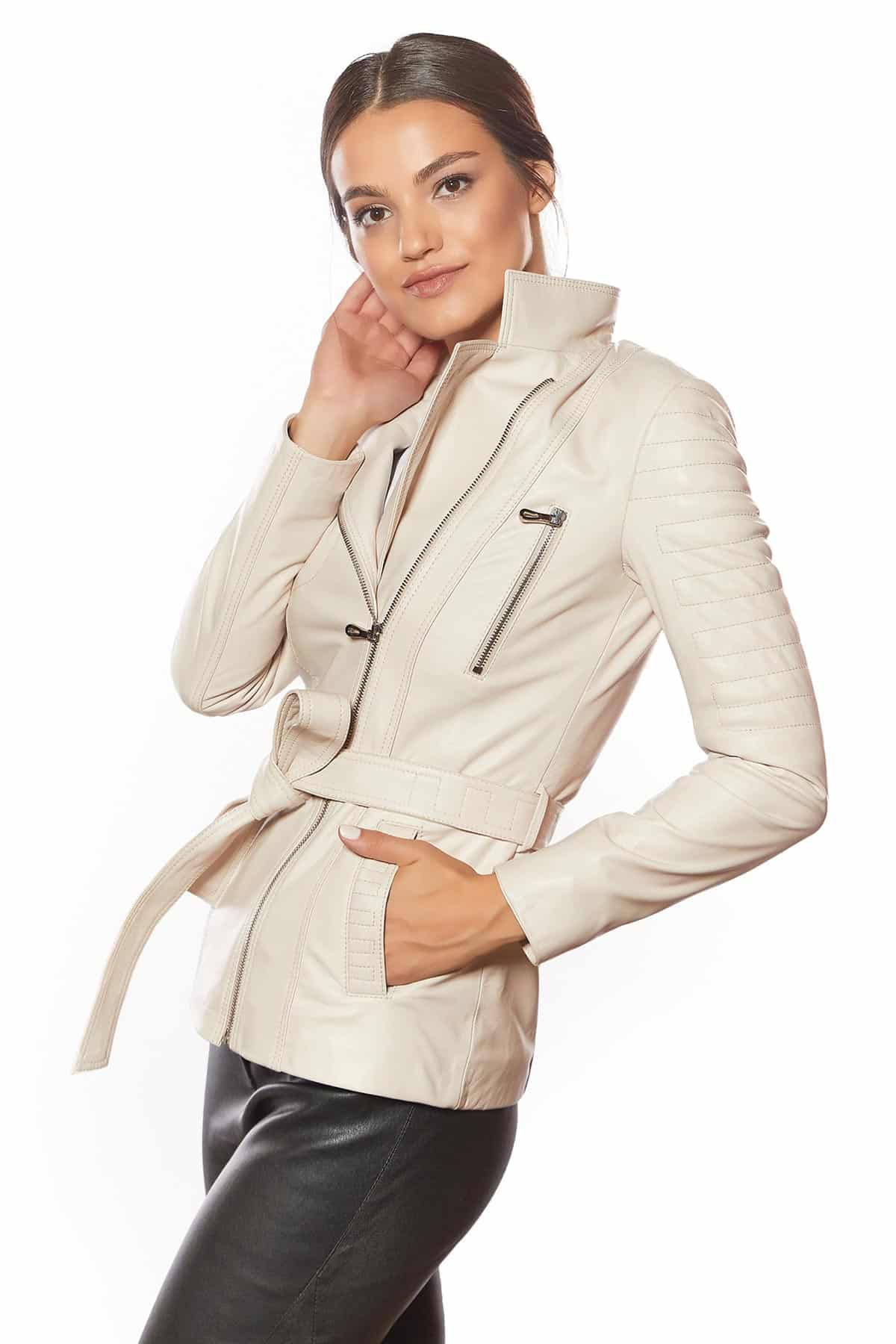 Urban Fashion Studio GIA Genuine Leather Jacket for Women Beige