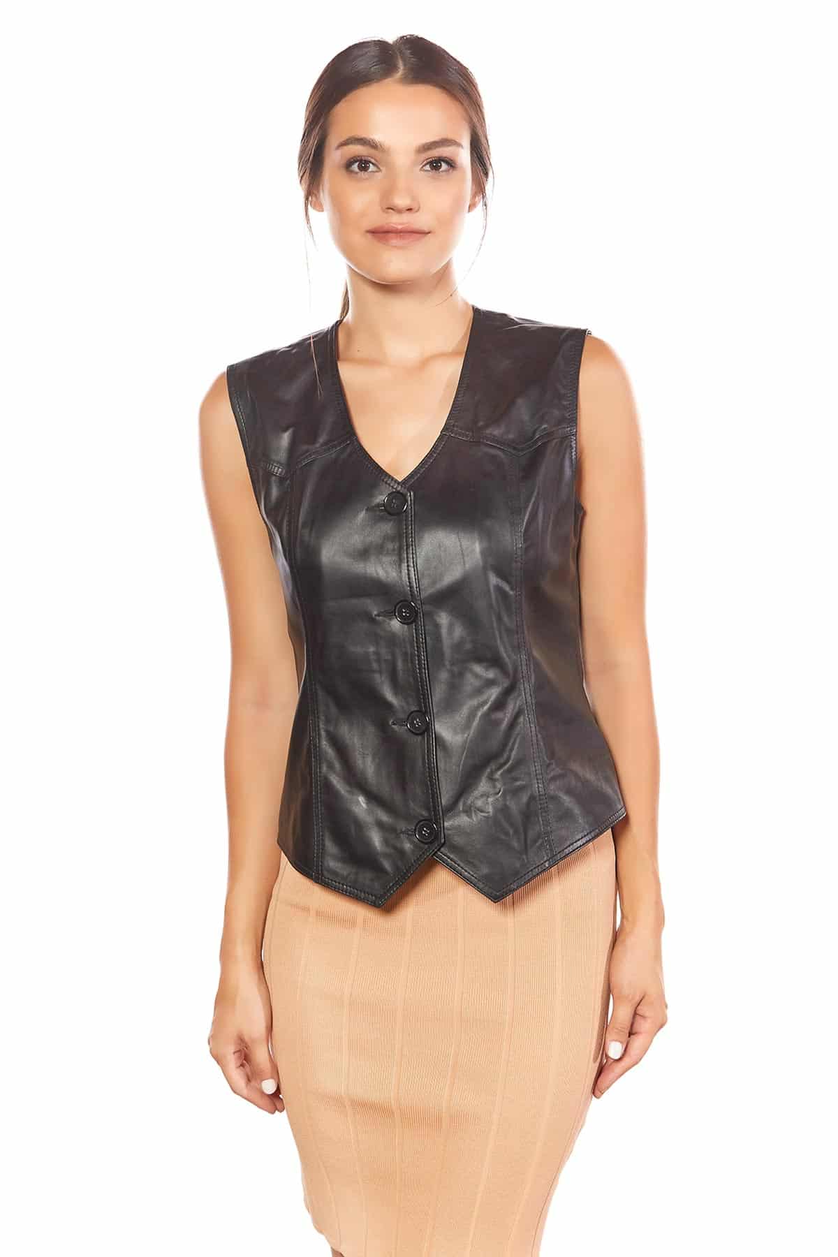 Eva Womens Black Leather Vest - Fashion Leather Waistcoat in USA