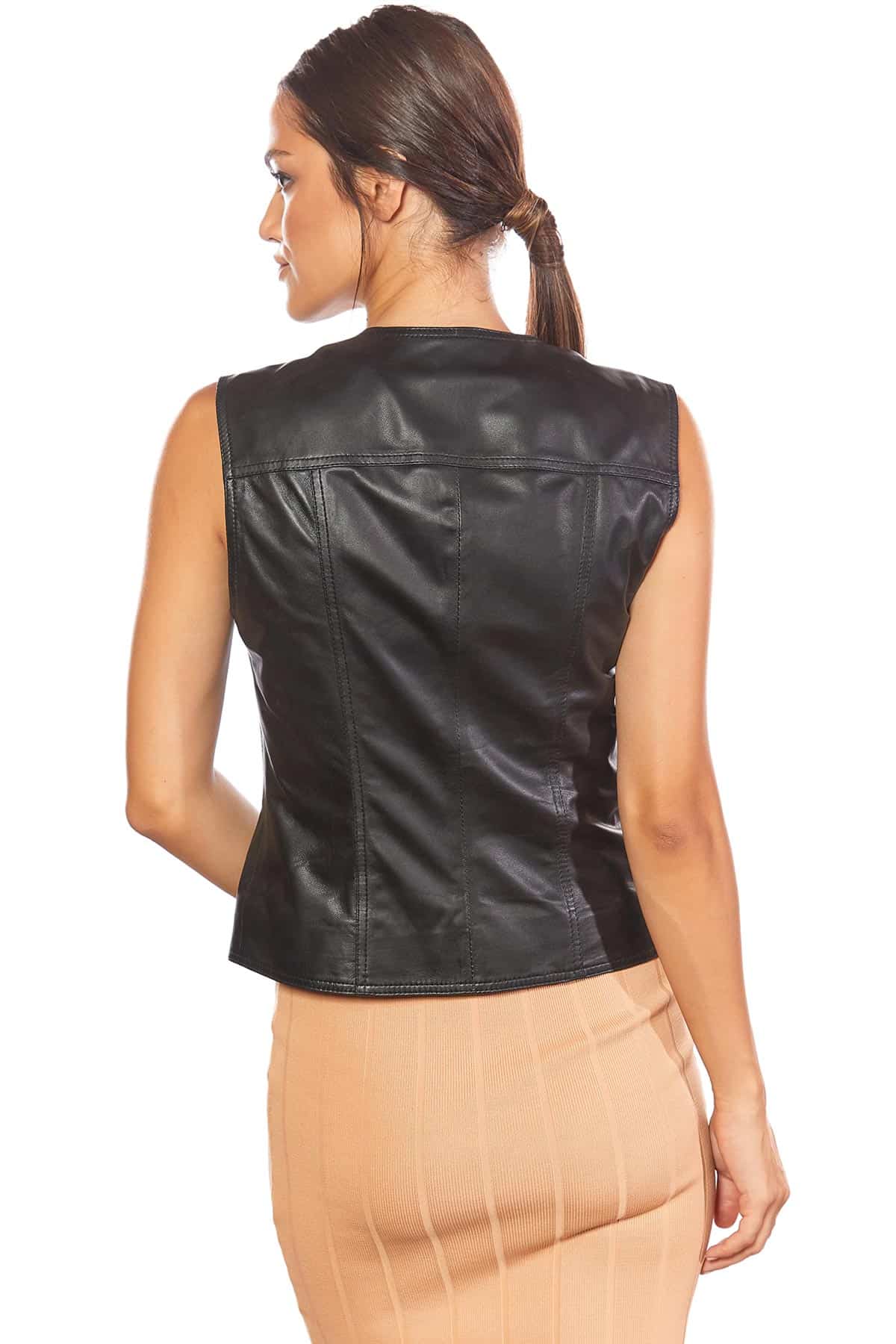 Black Real Leather Vest Woman Ruffles Sleeveless Real Leather Gilet Jacket  Tops