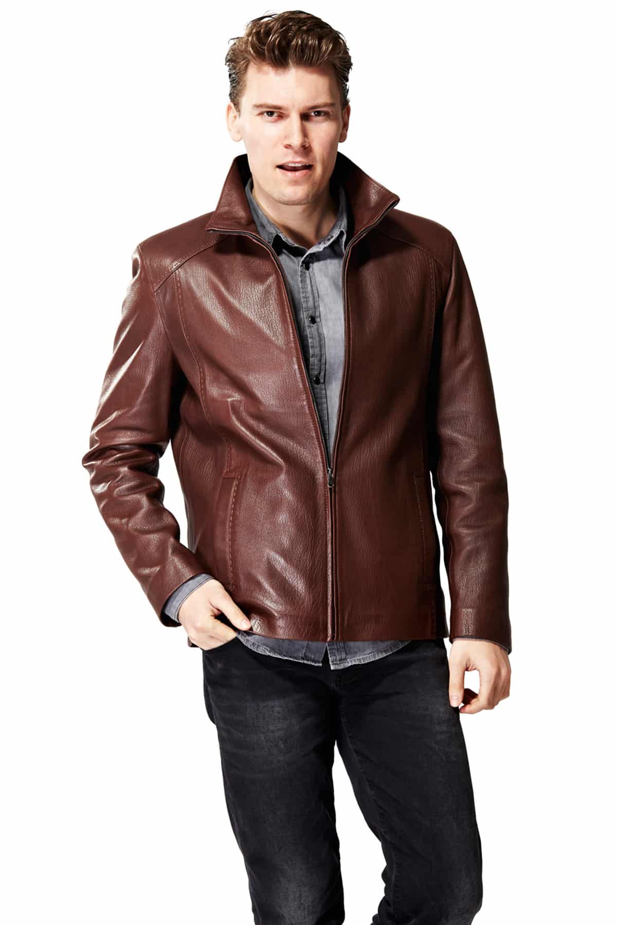 Juno Men's 100% Real Brown Leather New Zealand Classic Jacket