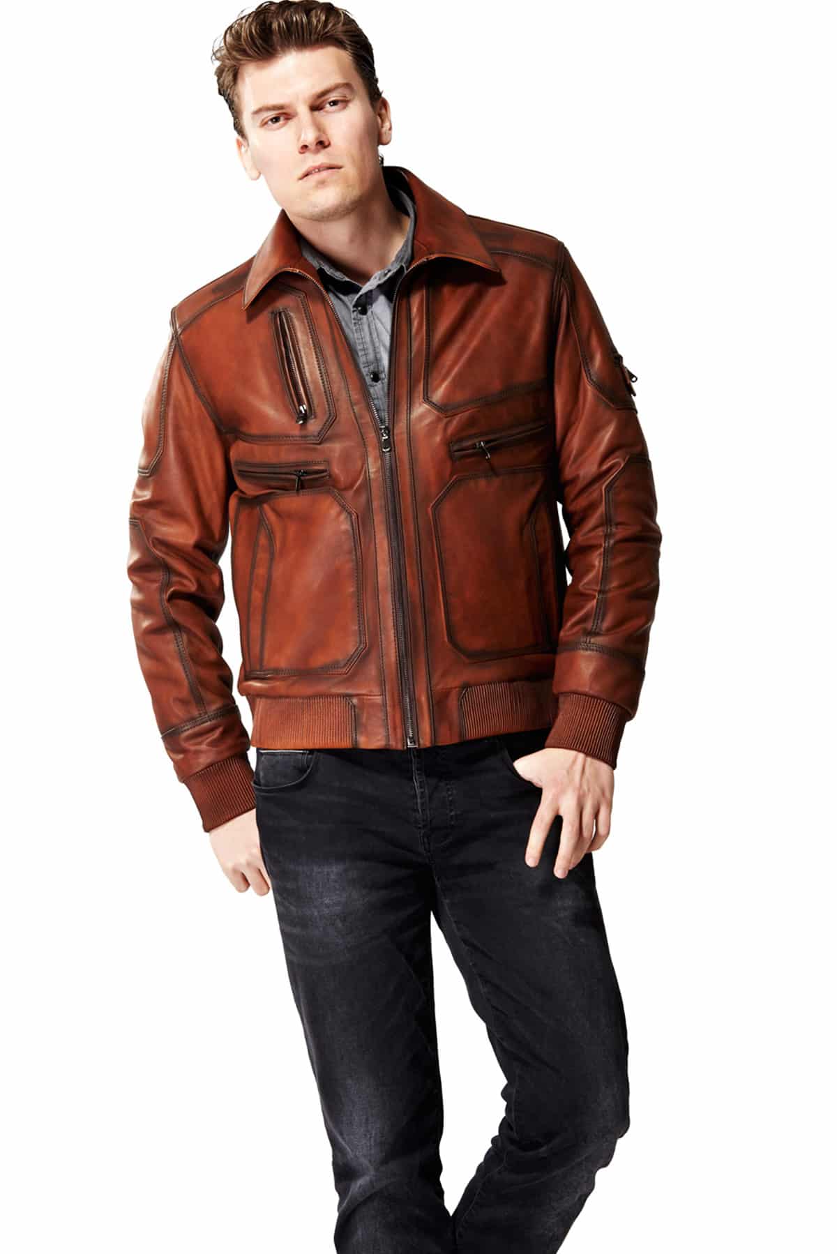 Men's 100 % Real Antique Brown Leather Yukozone Jacket