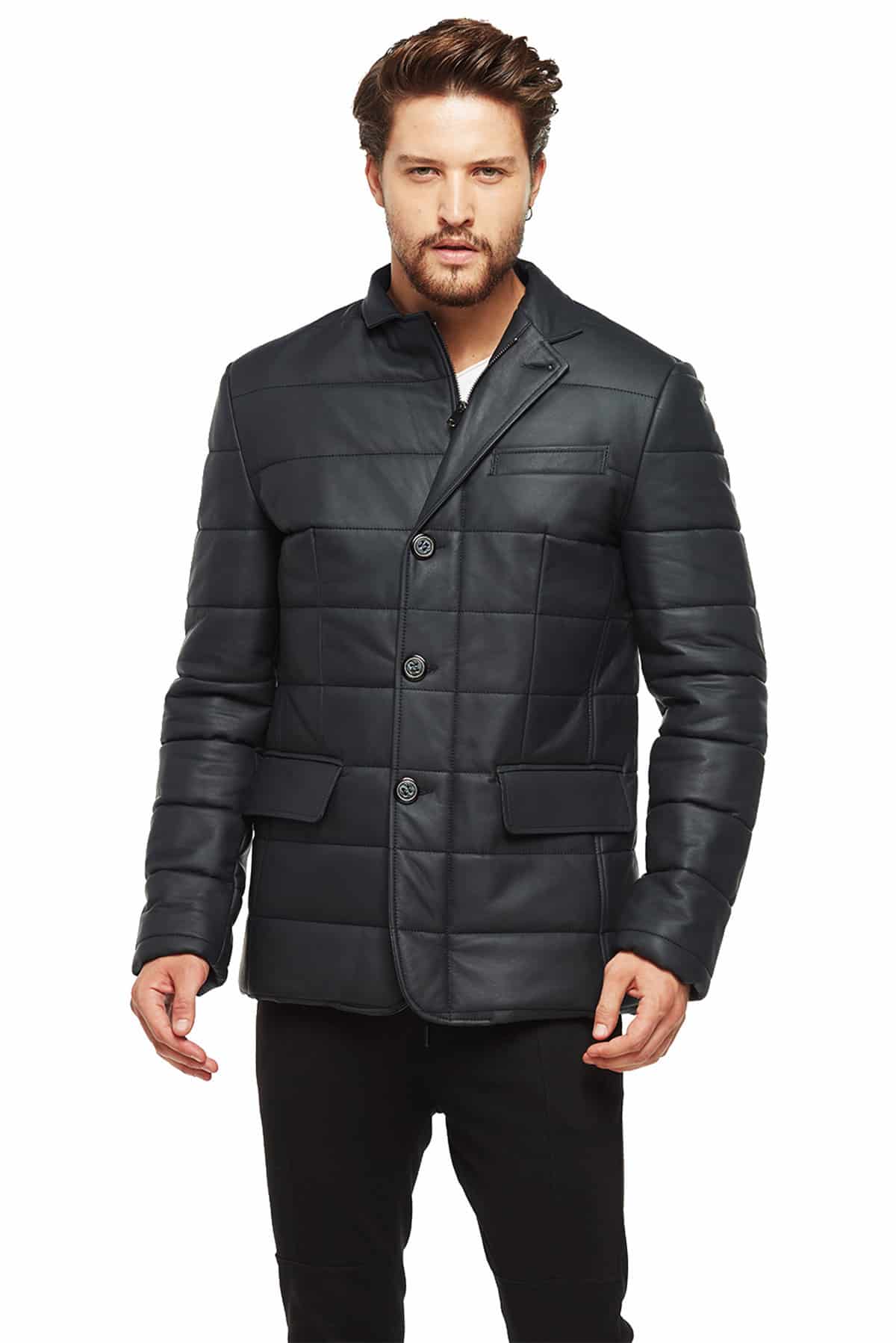 Men's 100% Real Navy-Blue Leather Classic Mozart Puffer Blazer