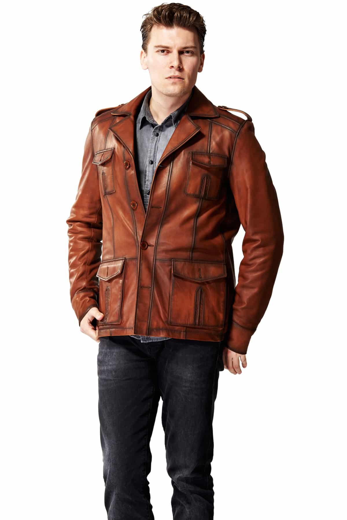 Men's 100 % Real Tobacco Leather Sleuth Jacket