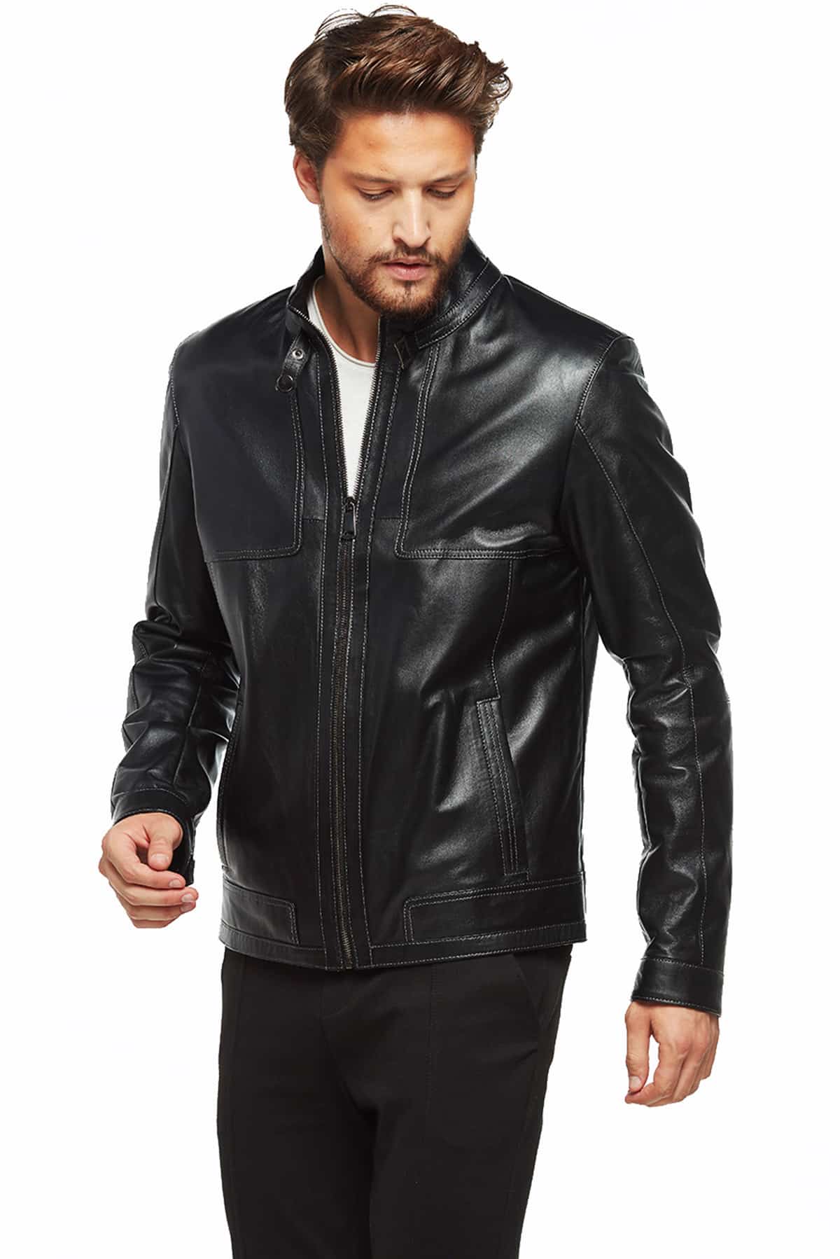 Buy Black Mens Leather Jacket Belted Collar Fashion Jacket