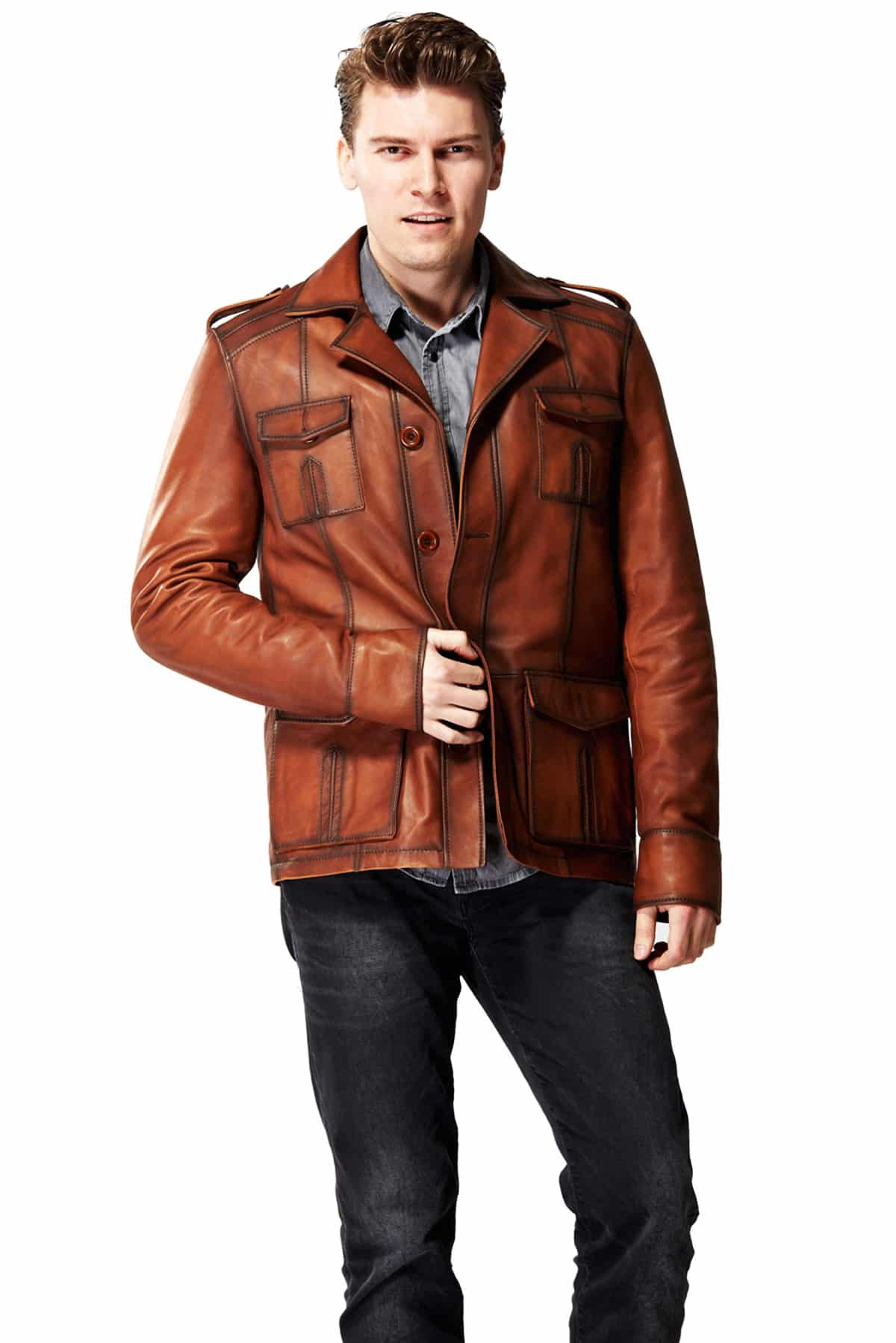 Men's 100 % Real Tobacco Leather Sleuth Jacket