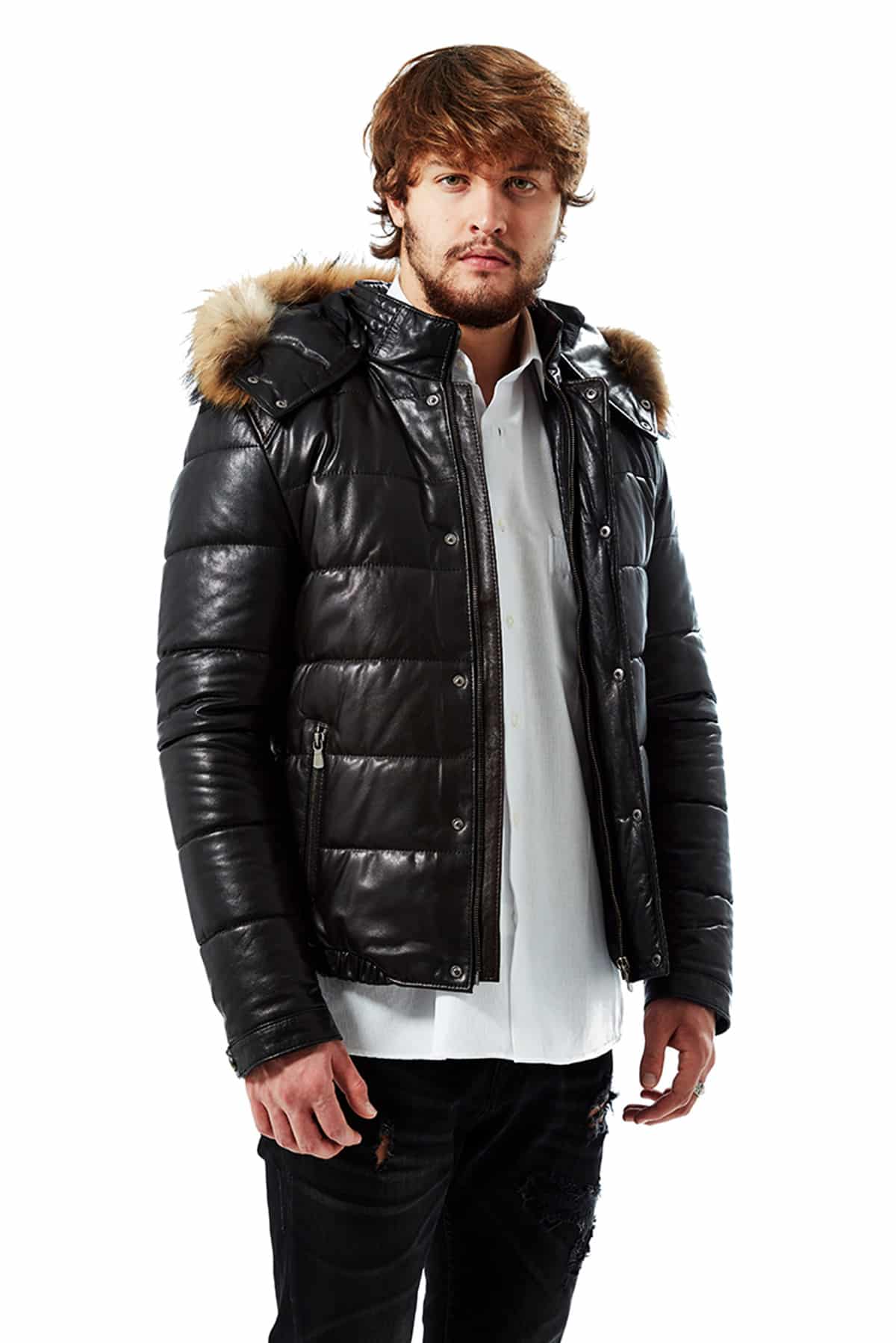 Men's 100 % Real Black Leather Hooded Puffer Jacket