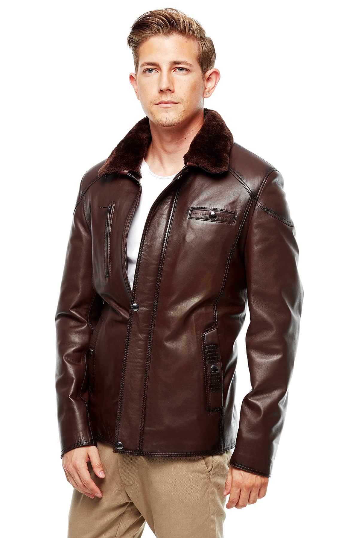 Bernard Men's 100% Real Chestnut Leather Blackout Jacket