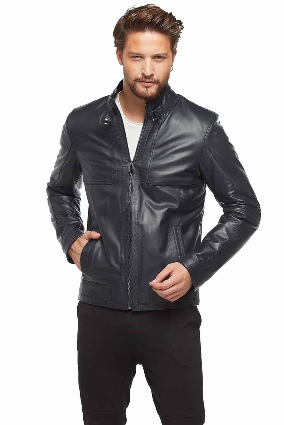 Mens Blue Leather Jacket in Classic Biker Style