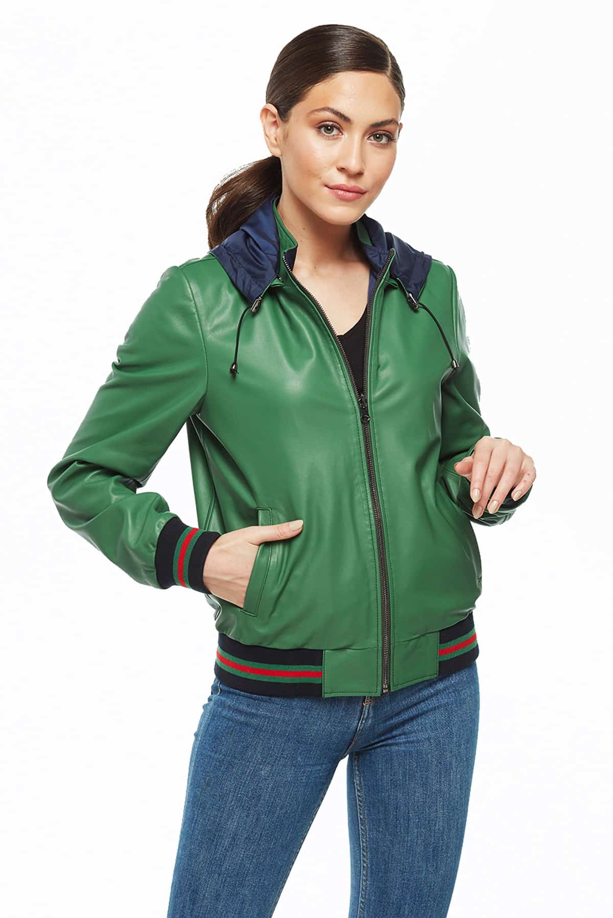 Womens Green Bomber Leather Jacket
