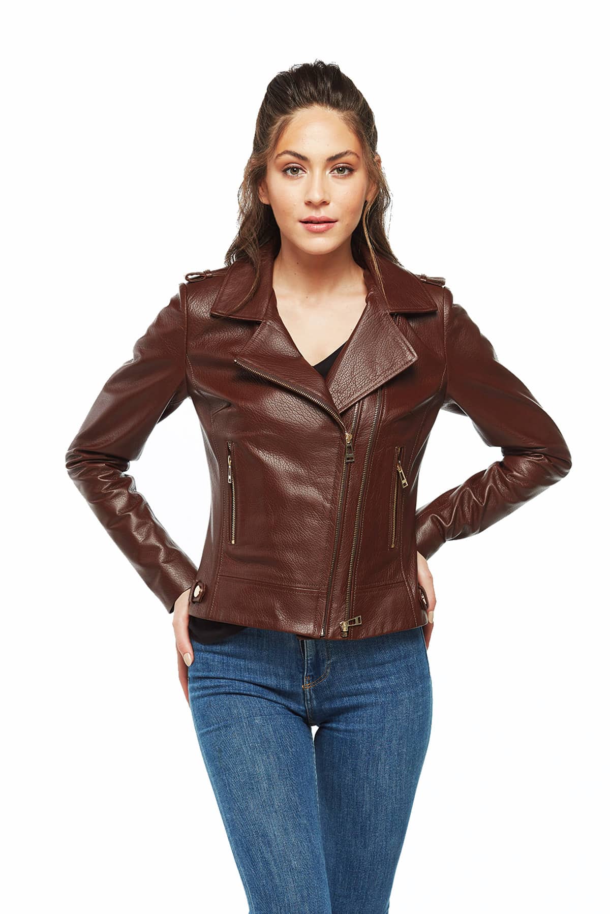Vivian Women's 100 % Real Brown Leather Classic Jacket