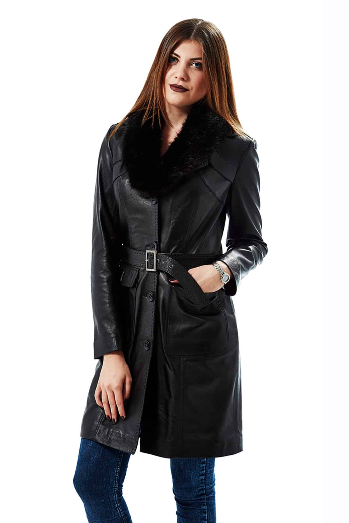 Jane Women's 100 % Real Black Leather Trench Vintage Classic Coat