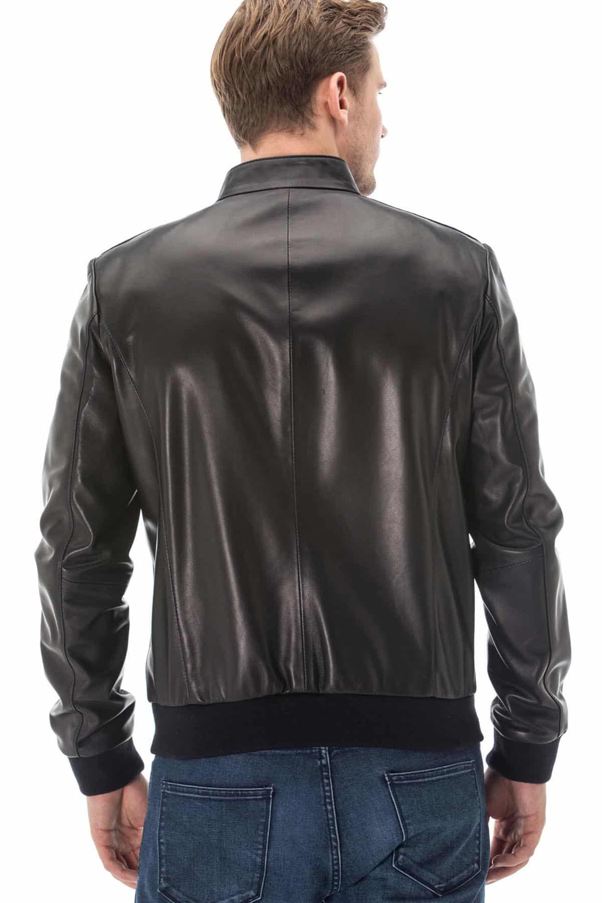 Men's 100 % Real Navy-Blue Leather Printed Jacket