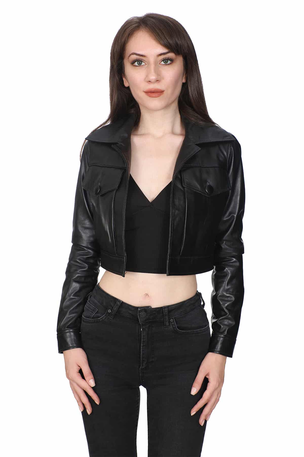 Women's 100 % Real Black Leather Cropped Length Jacket
